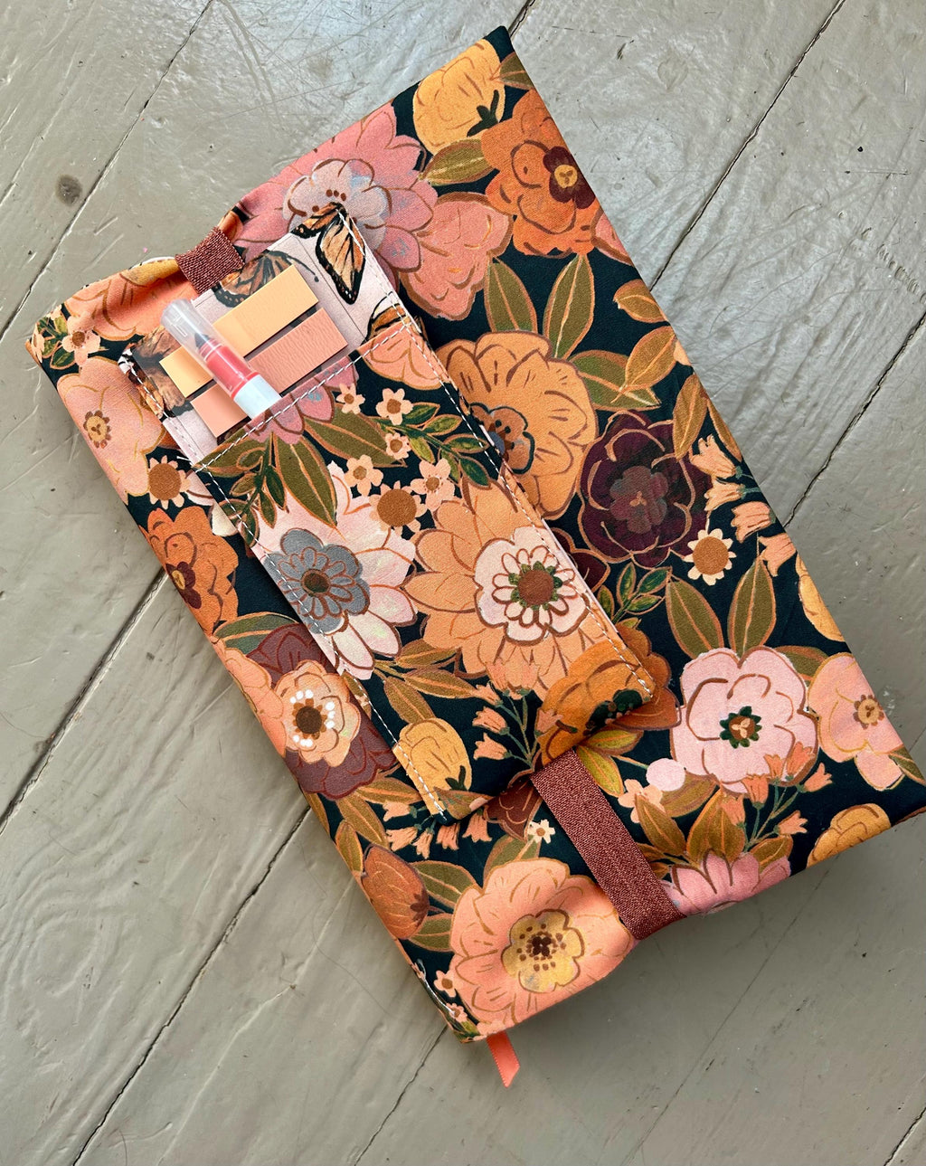 BUNDLE Monarch Rust Floral Reversible Adjustable Fabric Book Cover/Bible Cover w/ Bookmark and Annotation Kit