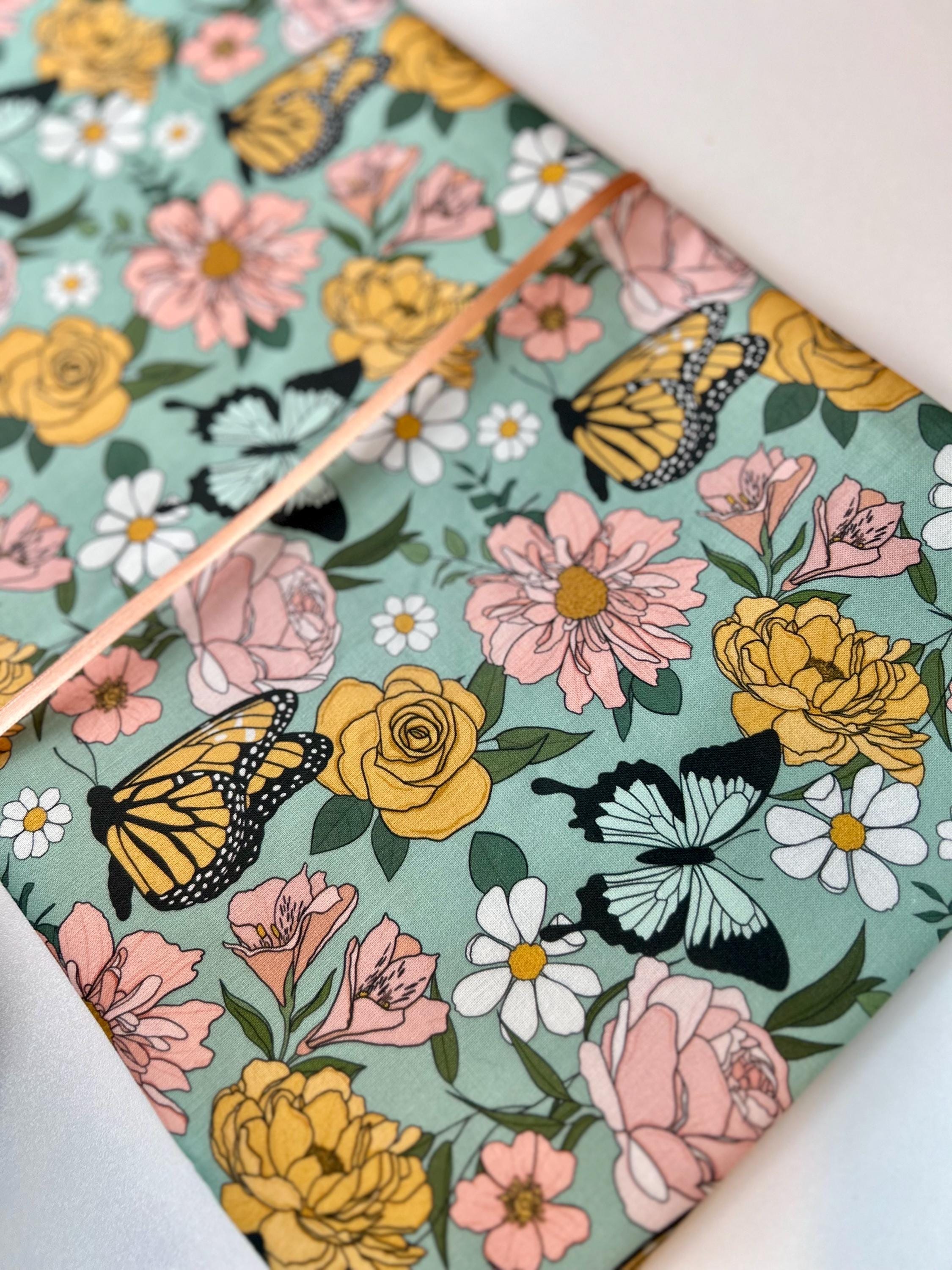 BOOKISH BUNDLE Sage and Pink Butterflies Reversible Adjustable Fabric Book Cover/Bible Cover w/ Bookmark and Annotation Kit