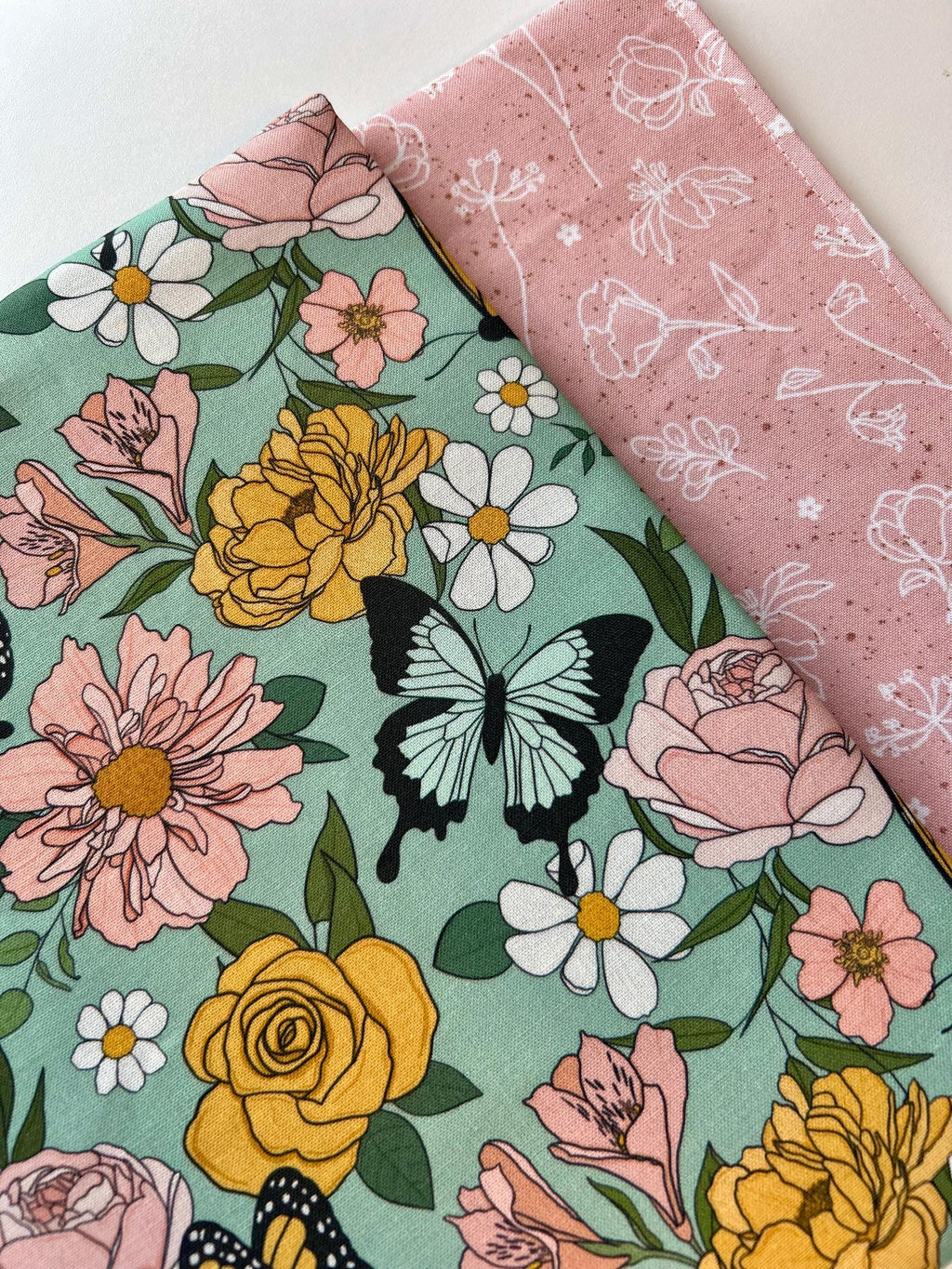 BOOKISH BUNDLE Sage and Pink Butterflies Reversible Adjustable Fabric Book Cover/Bible Cover w/ Bookmark and Annotation Kit