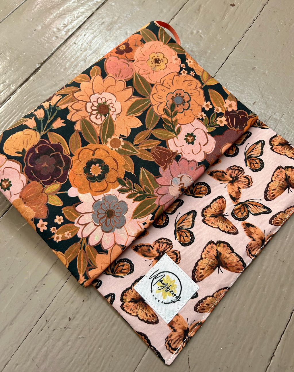 BUNDLE Monarch Rust Floral Reversible Adjustable Fabric Book Cover/Bible Cover w/ Bookmark and Annotation Kit