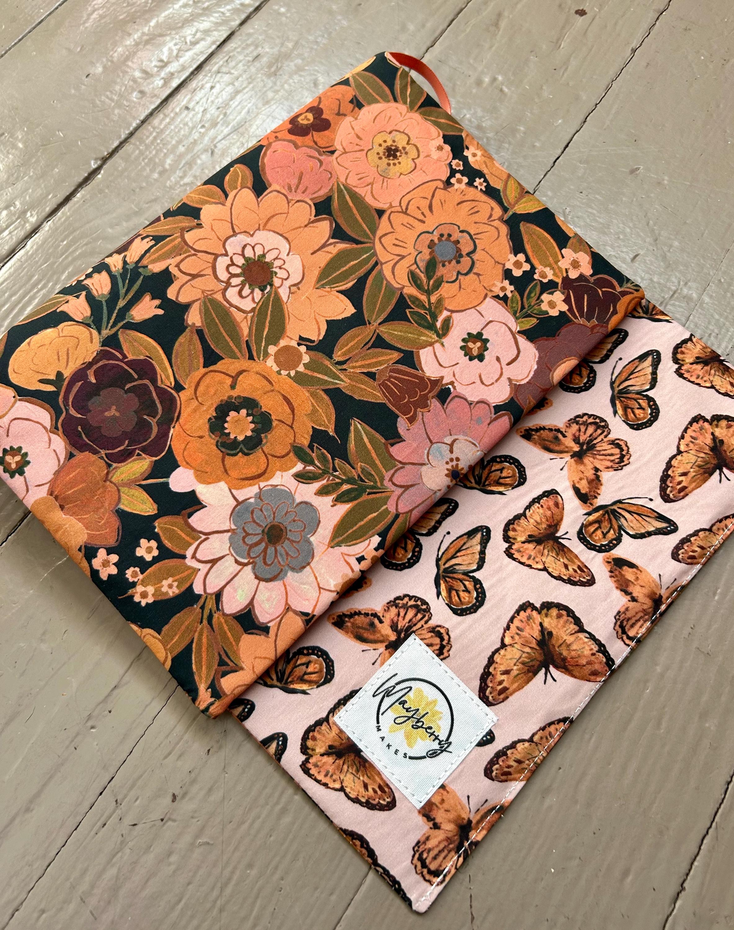 BUNDLE Monarch Rust Floral Reversible Adjustable Fabric Book Cover/Bible Cover w/ Bookmark and Annotation Kit