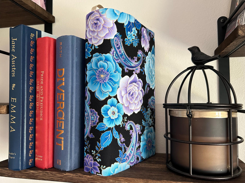 Blue and Purple Paisley Fabric Book Cover — Reversible & Adjustable