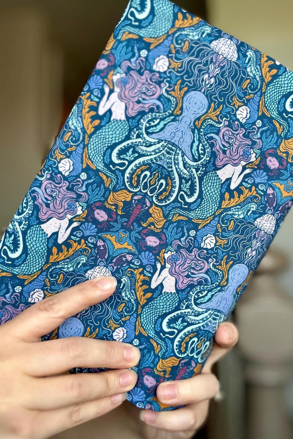 BUNDLE Mermaids and Crabs Reversible Adjustable Fabric Book Cover/Bible Cover w/ Bookmark and Annotation Kit