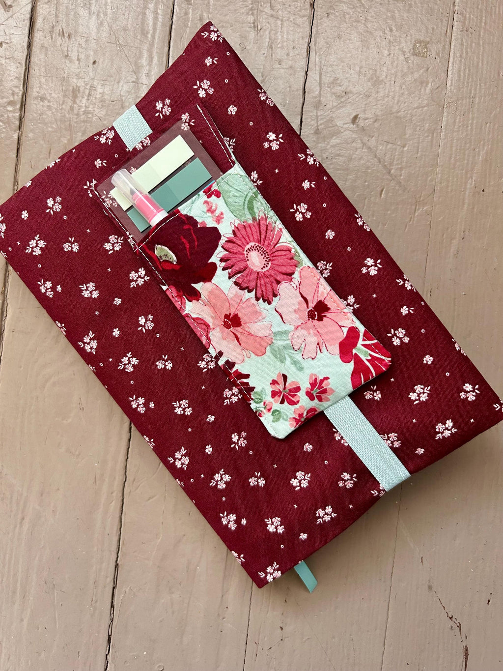 BUNDLE Ditzy Mint Romance Reversible Adjustable Fabric Book Cover/Bible Cover w/ Bookmark and Annotation Kit