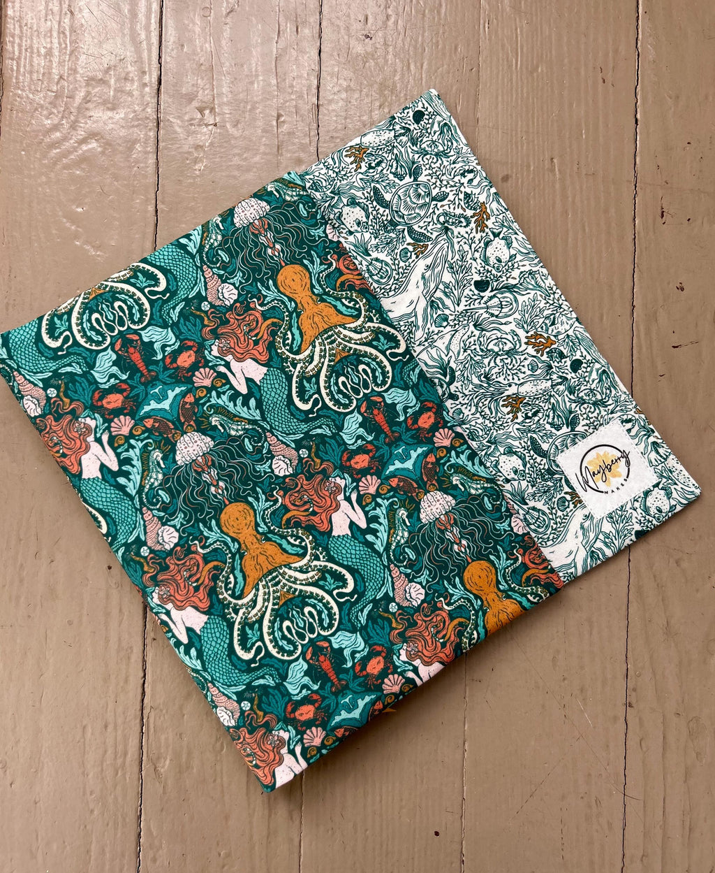 BUNDLE Mermaids and Whales Reversible Adjustable Fabric Book Cover/Bible Cover w/ Bookmark and Annotation Kit