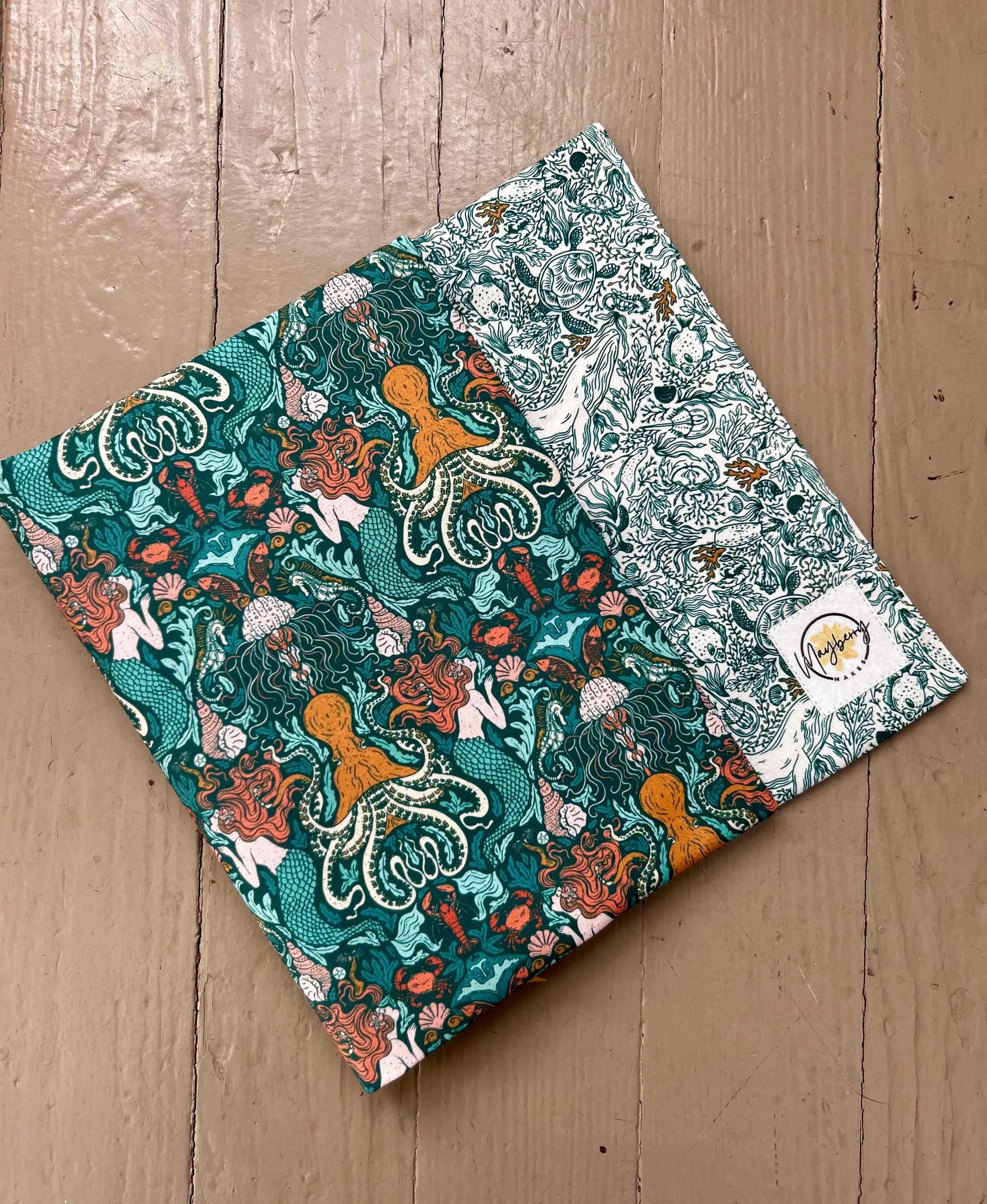 BUNDLE Mermaids and Whales Reversible Adjustable Fabric Book Cover/Bible Cover w/ Bookmark and Annotation Kit