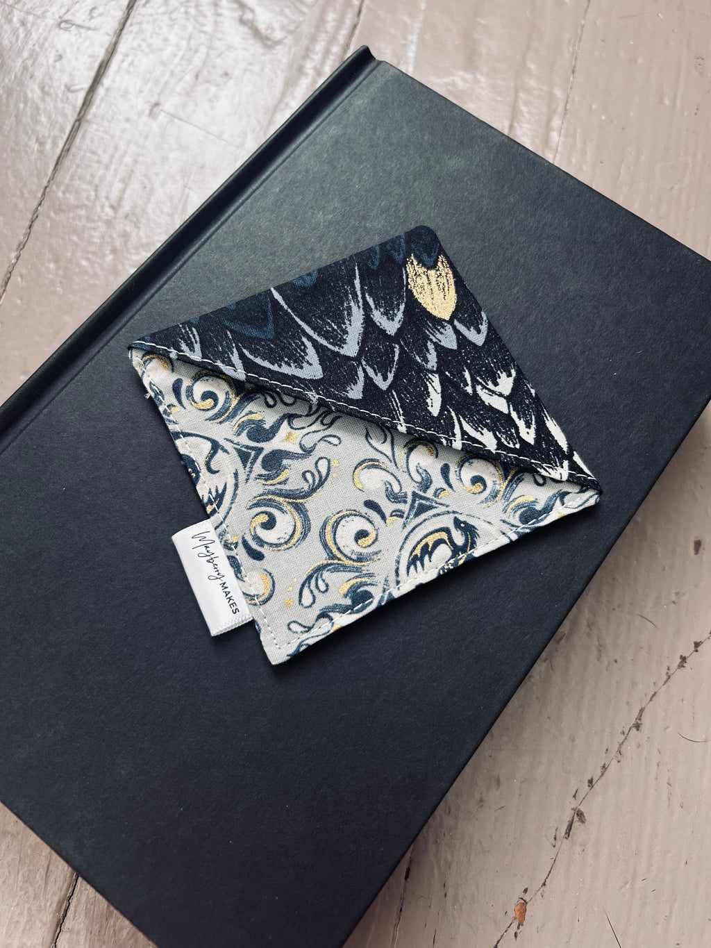 Black and Gold Dragon Scales Fabric Corner Bookmark — Handmade Bookish Accessory