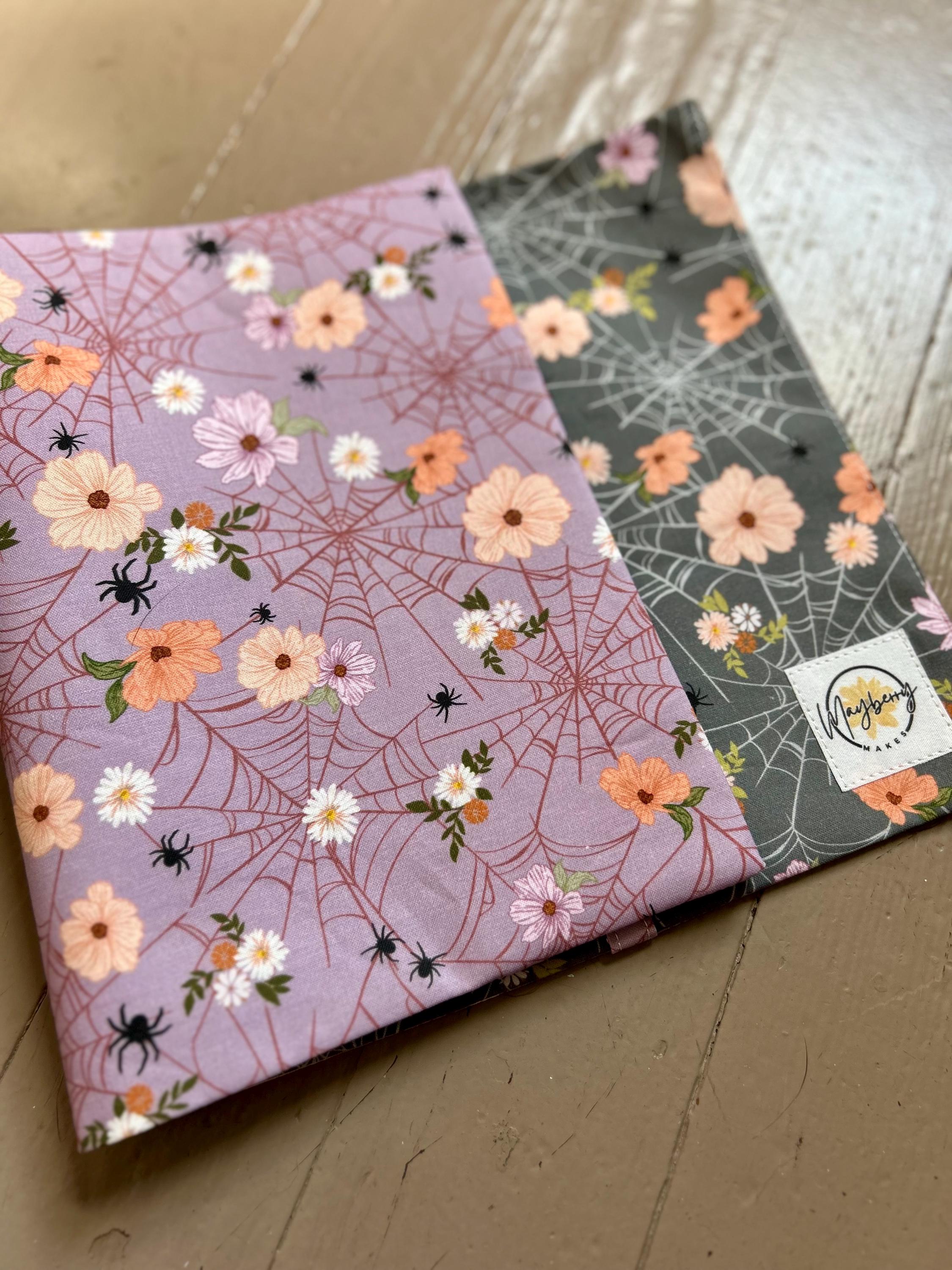 Cottagecore Goth in Pink and Grey Webs–Reversible Adjustable Fabric Book Cover/Bible Cover