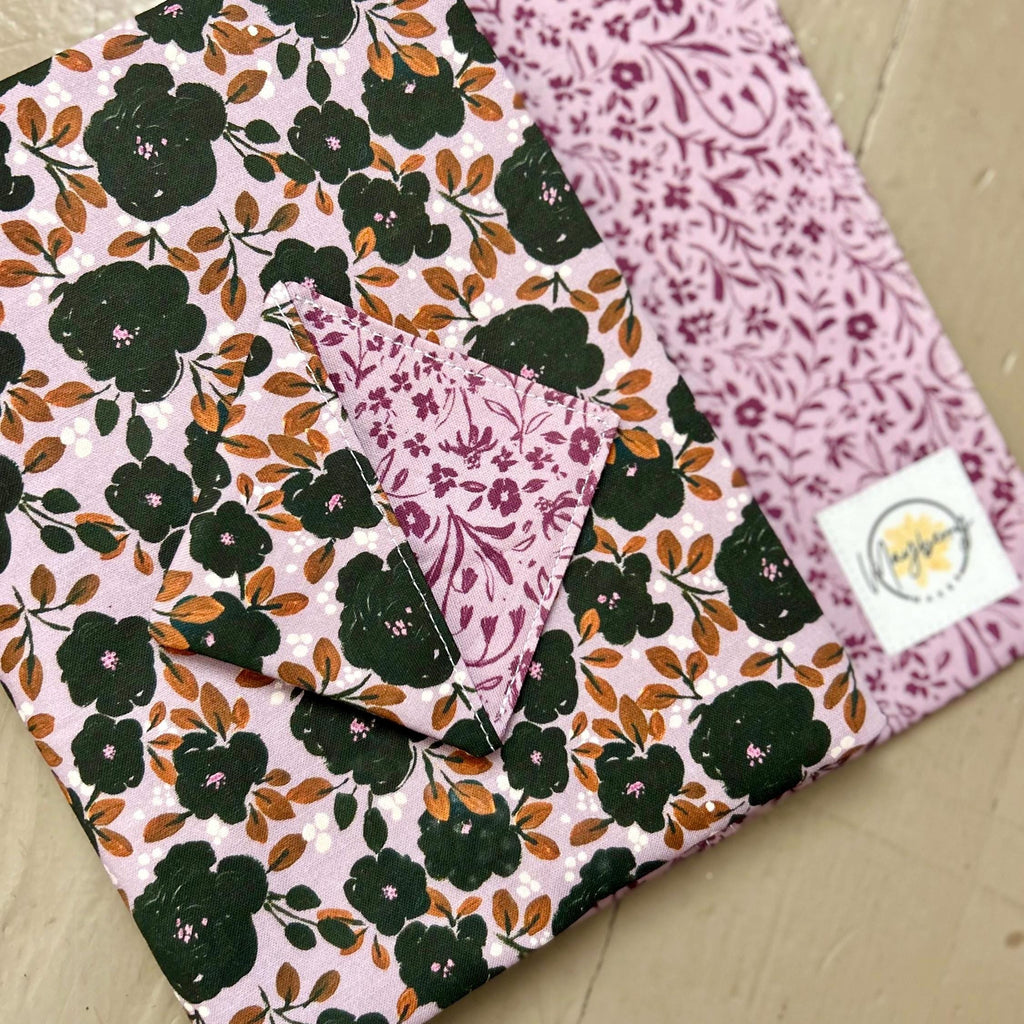 Black and Purple Floral Reversible Adjustable Fabric Book Cover/Bible Cover