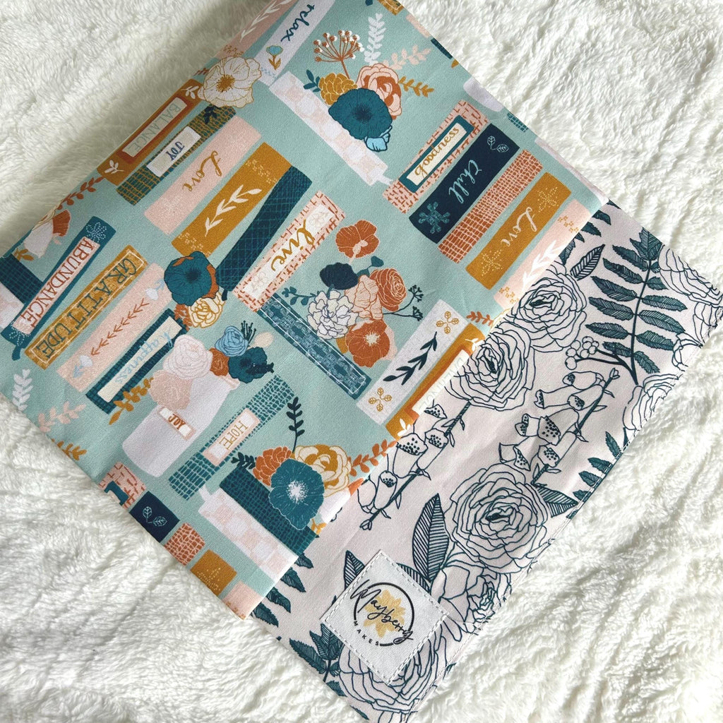 BOOKISH BUNDLE Bookshelf Floral Reversible Adjustable Fabric Book Cover/Bible Cover w/ Bookmark and Annotation Kit