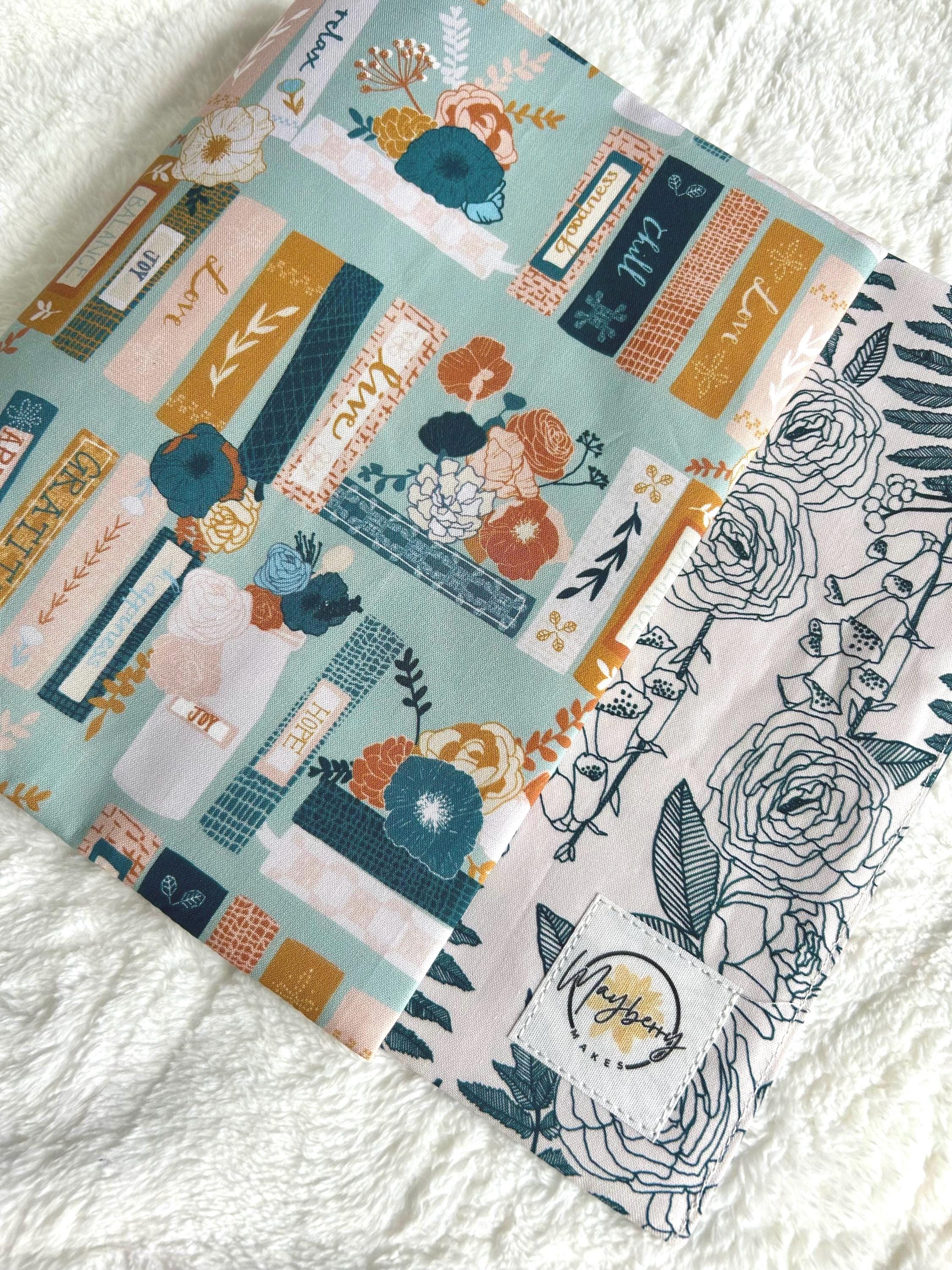 BOOKISH BUNDLE Bookshelf Floral Reversible Adjustable Fabric Book Cover/Bible Cover w/ Bookmark and Annotation Kit
