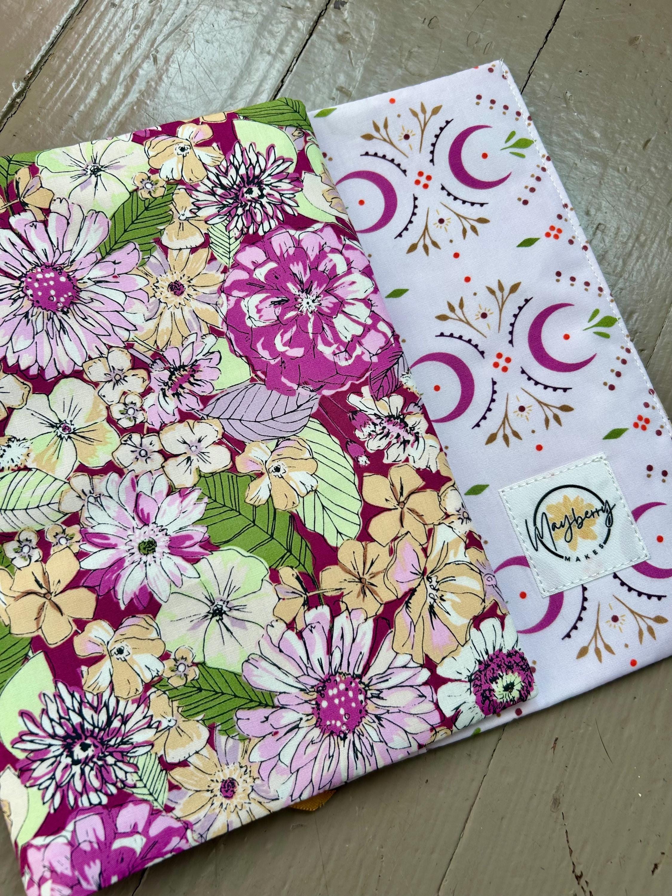 Purple and Yellow Floral Moon Reversible Adjustable Fabric Book Cover/Bible Cover