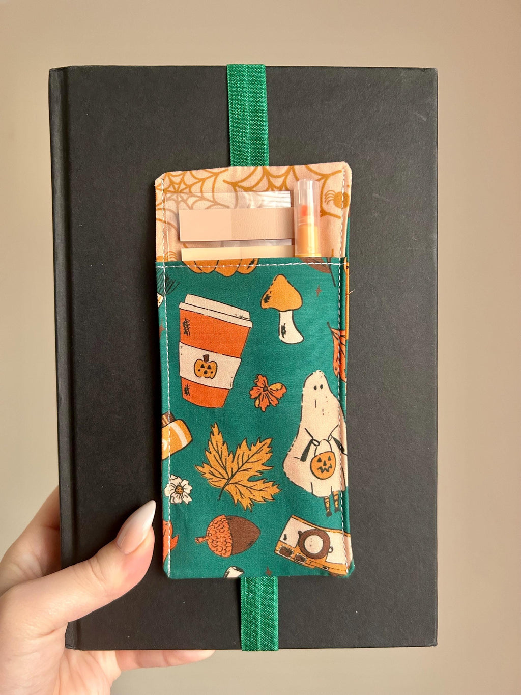 BUNDLE Pumpkin Spice Ghost Reversible Adjustable Fabric Book Cover/Bible Cover w/ Bookmark and Annotation Kit