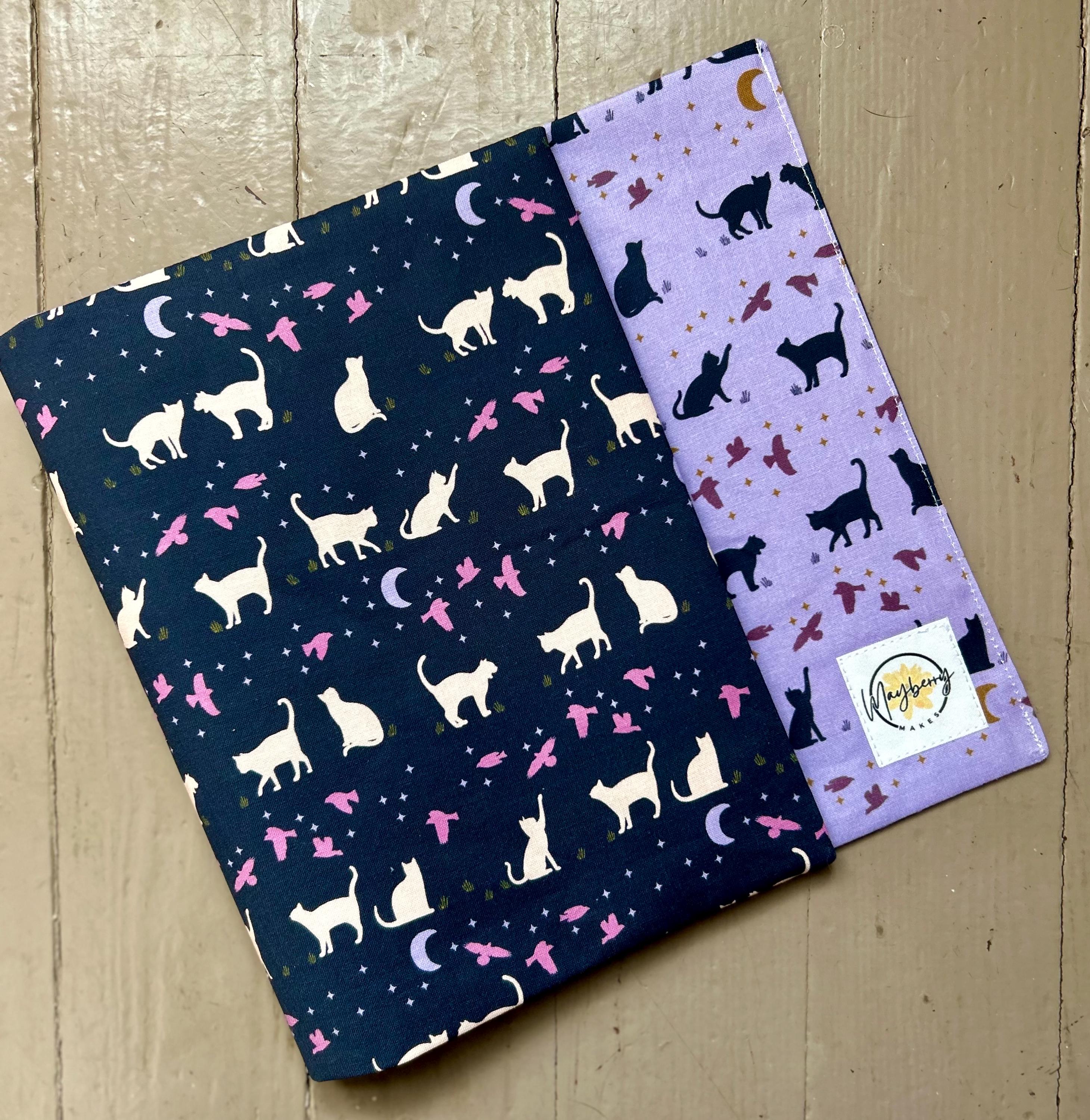 Purple Cats Silhouette Reversible Adjustable Fabric Book Cover/Bible Cover