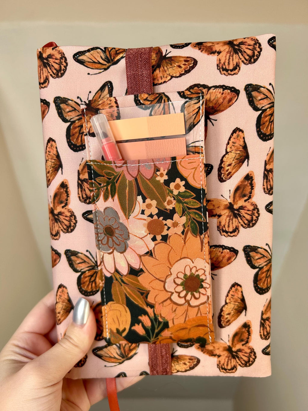 BUNDLE Monarch Rust Floral Reversible Adjustable Fabric Book Cover/Bible Cover w/ Bookmark and Annotation Kit