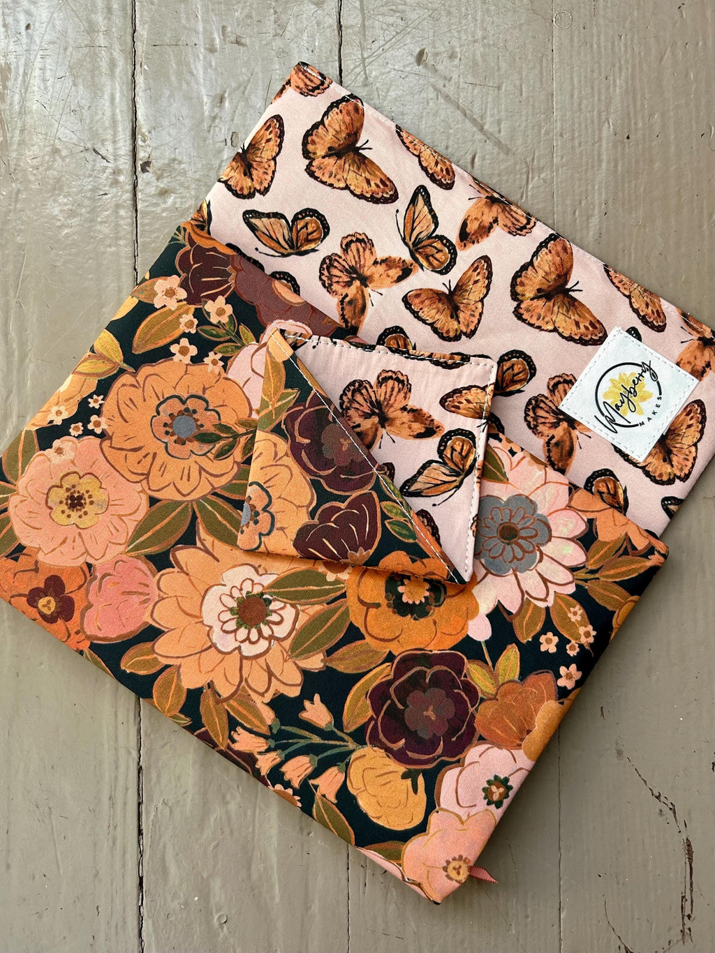 BUNDLE Monarch Rust Floral Reversible Adjustable Fabric Book Cover/Bible Cover w/ Bookmark and Annotation Kit