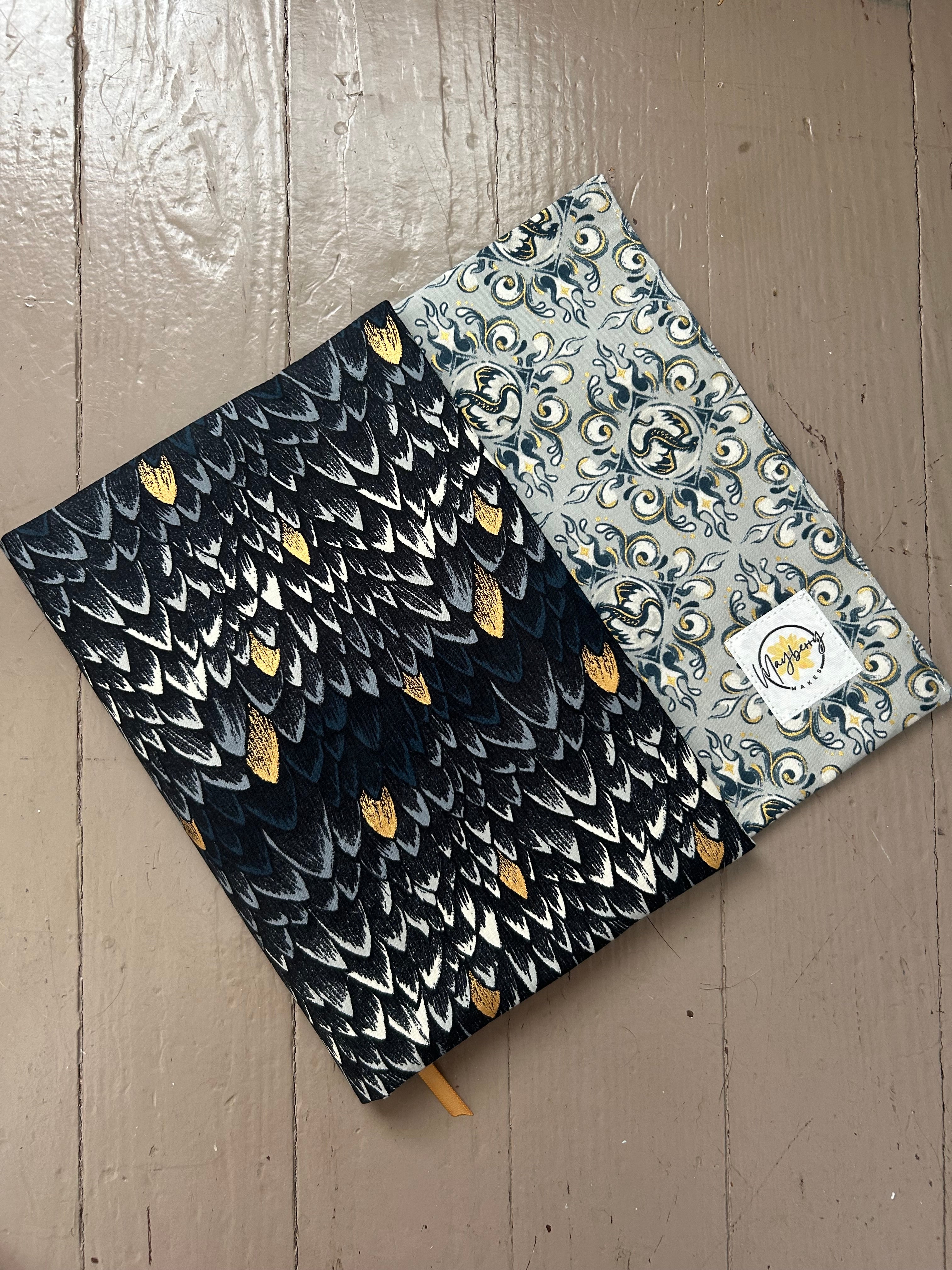 Black and Gold Dragon Scales Fabric Book Cover–Reversible and Adjustable