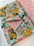 BOOKISH BUNDLE Sage and Pink Butterflies Reversible Adjustable Fabric Book Cover/Bible Cover w/ Bookmark and Annotation Kit