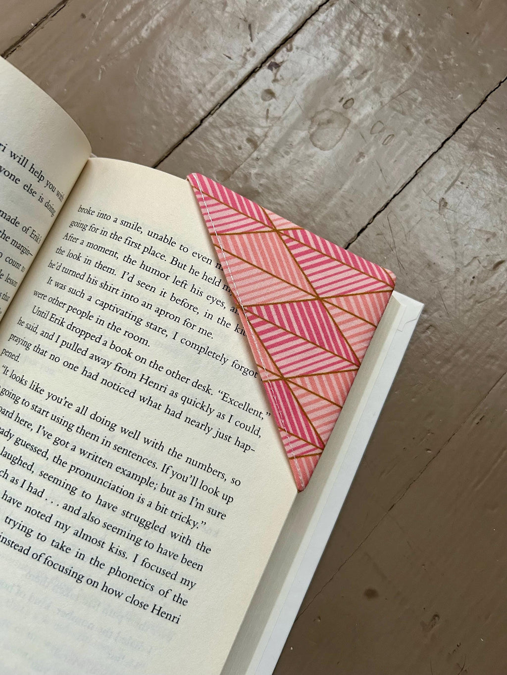 Golden Birds and Pink Geometric Fabric Corner Bookmark — Handmade Bookish Accessory