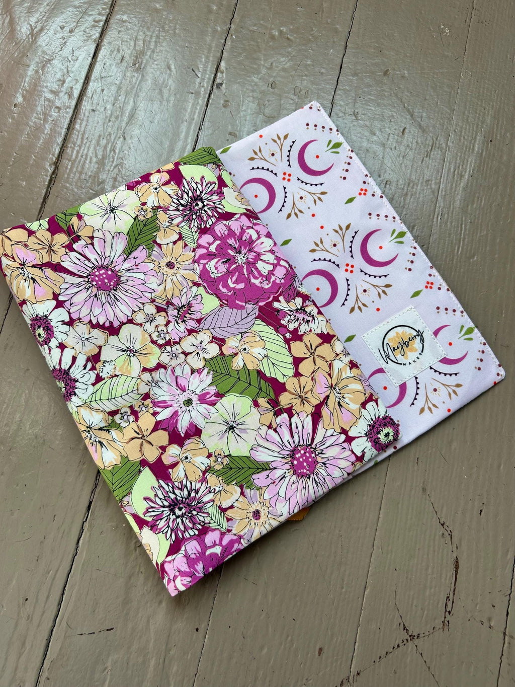 Purple and Yellow Floral Moon Reversible Adjustable Fabric Book Cover/Bible Cover