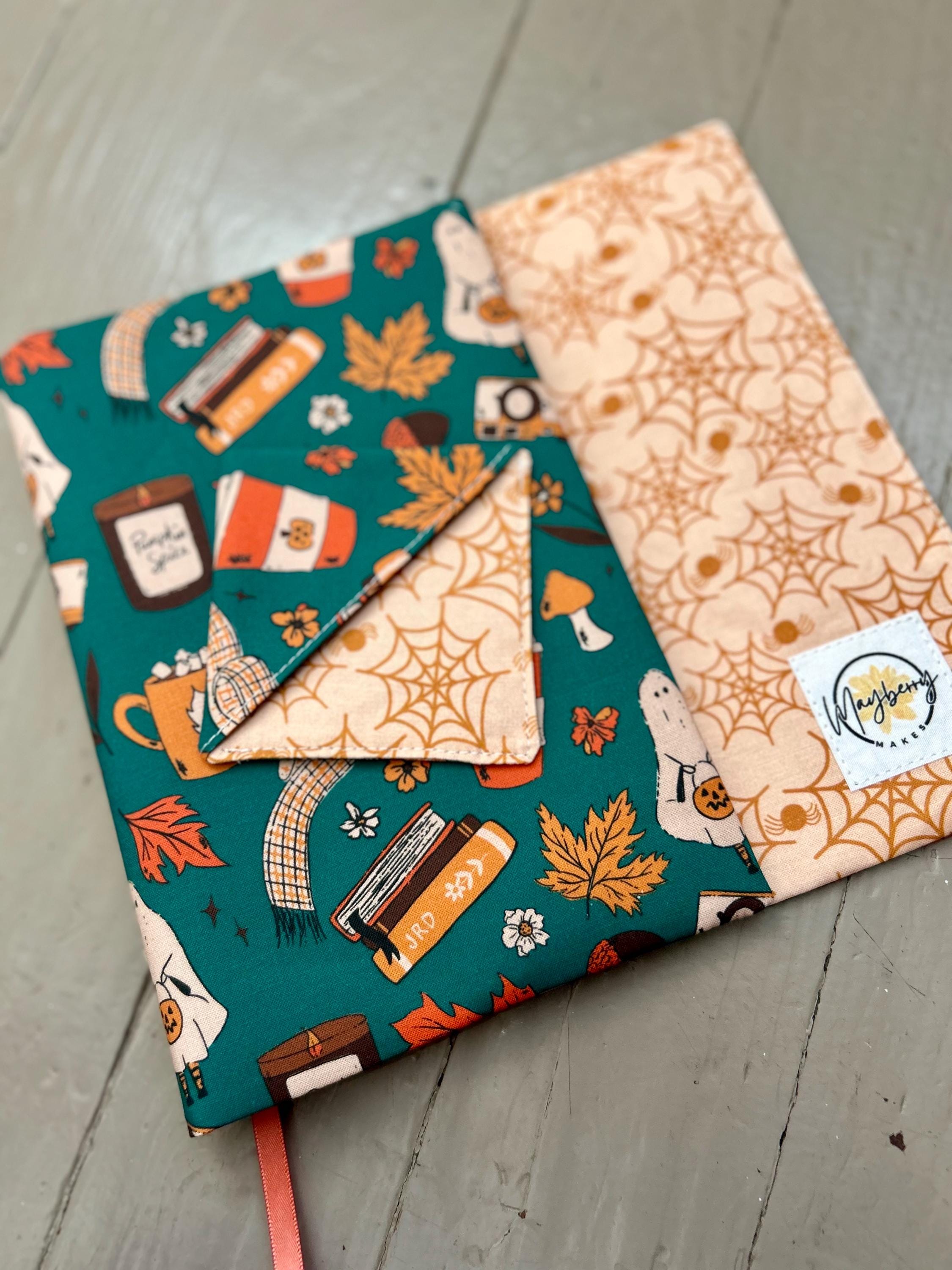 BUNDLE Pumpkin Spice Ghost Reversible Adjustable Fabric Book Cover/Bible Cover w/ Bookmark and Annotation Kit