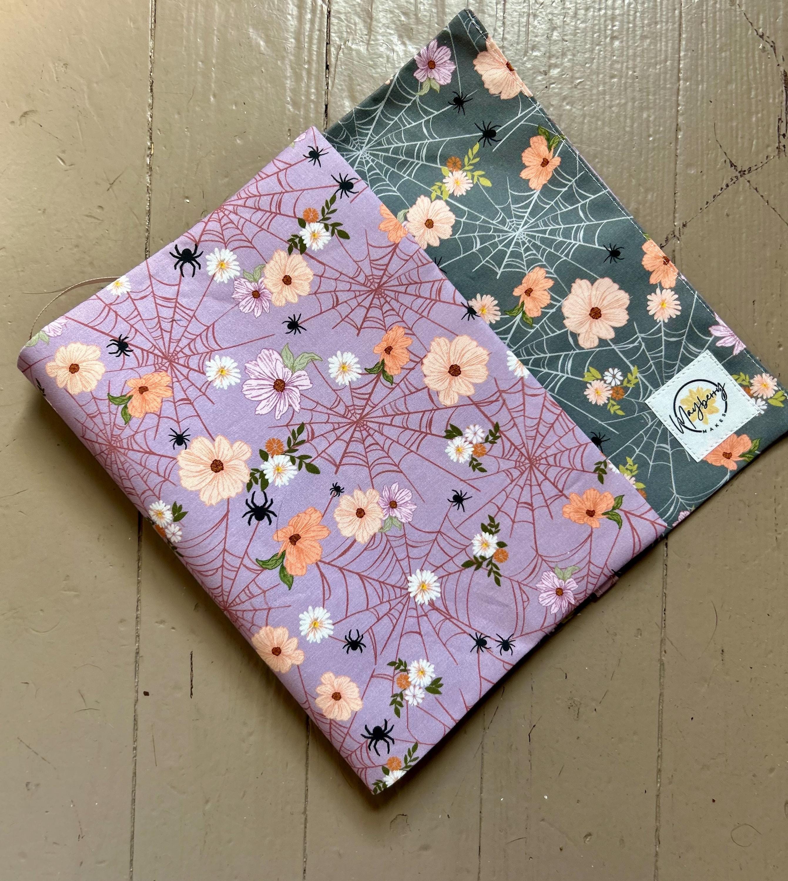 Cottagecore Goth in Pink and Grey Webs–Reversible Adjustable Fabric Book Cover/Bible Cover