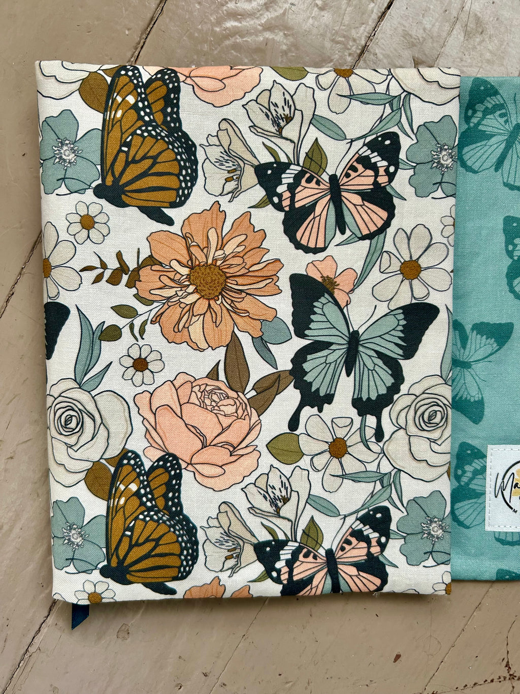Butterflies and Teal Reversible Adjustable Fabric Book Cover/Bible Cover