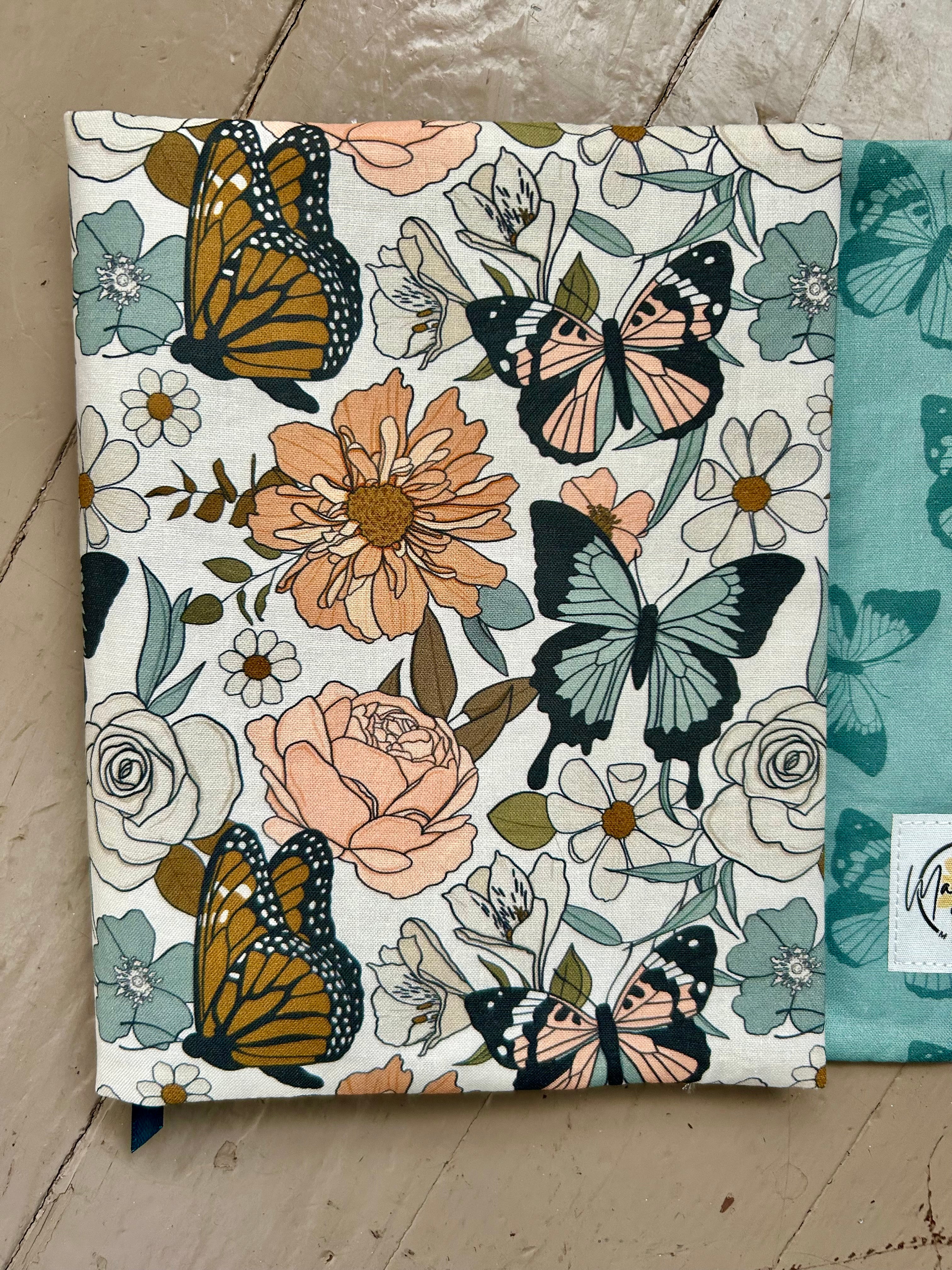 Butterflies and Teal Reversible Adjustable Fabric Book Cover/Bible Cover