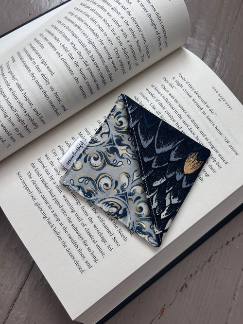 Black and Gold Dragon Scales Fabric Corner Bookmark — Handmade Bookish Accessory