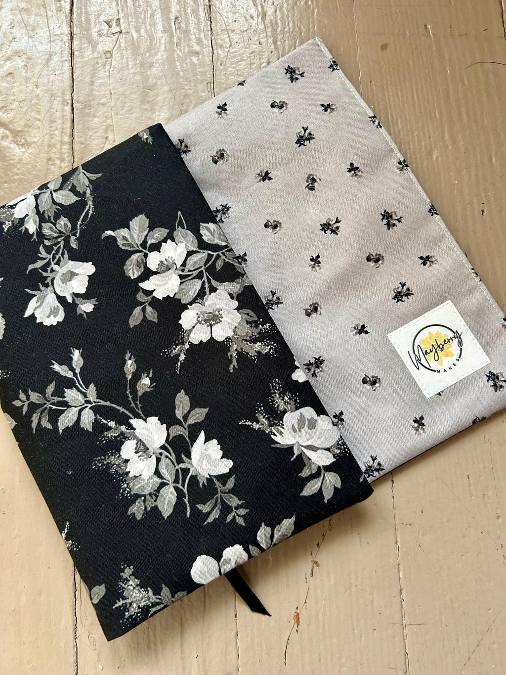 BOOKISH BUNDLE Elegant Black Floral Reversible Adjustable Fabric Book Cover/Bible Cover w/ Bookmark and Annotation Kit
