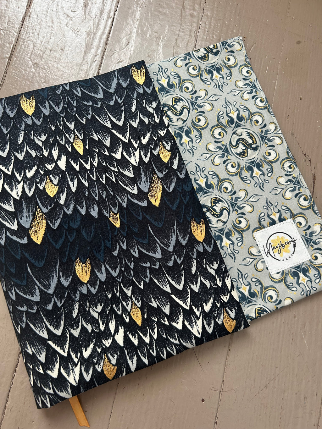 Black and Gold Dragon Scales Fabric Book Cover–Reversible and Adjustable