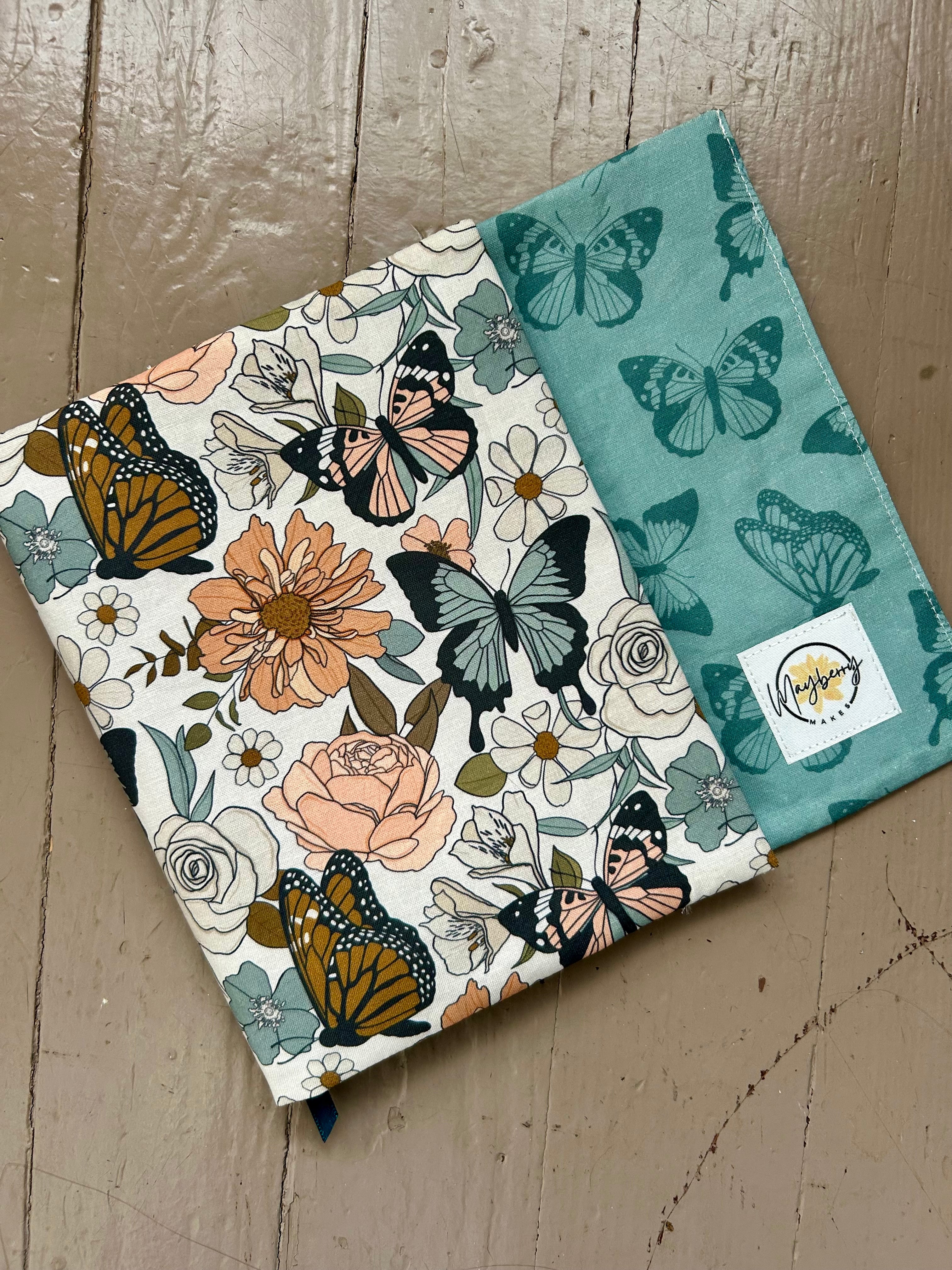 BOOKISH BUNDLE Butterflies and Teal Reversible Adjustable Fabric Book Cover/Bible Cover w/ Bookmark and Annotation Kit
