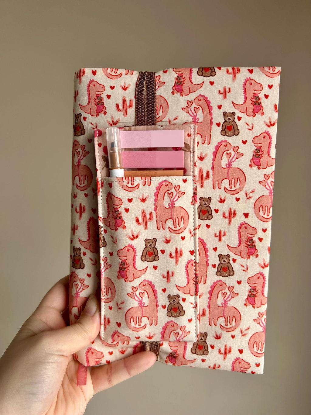 BOOKISH BUNDLE Dinos and Teddy Bears Reversible Adjustable Fabric Book Cover/Bible Cover w/ Bookmark and Annotation Kit