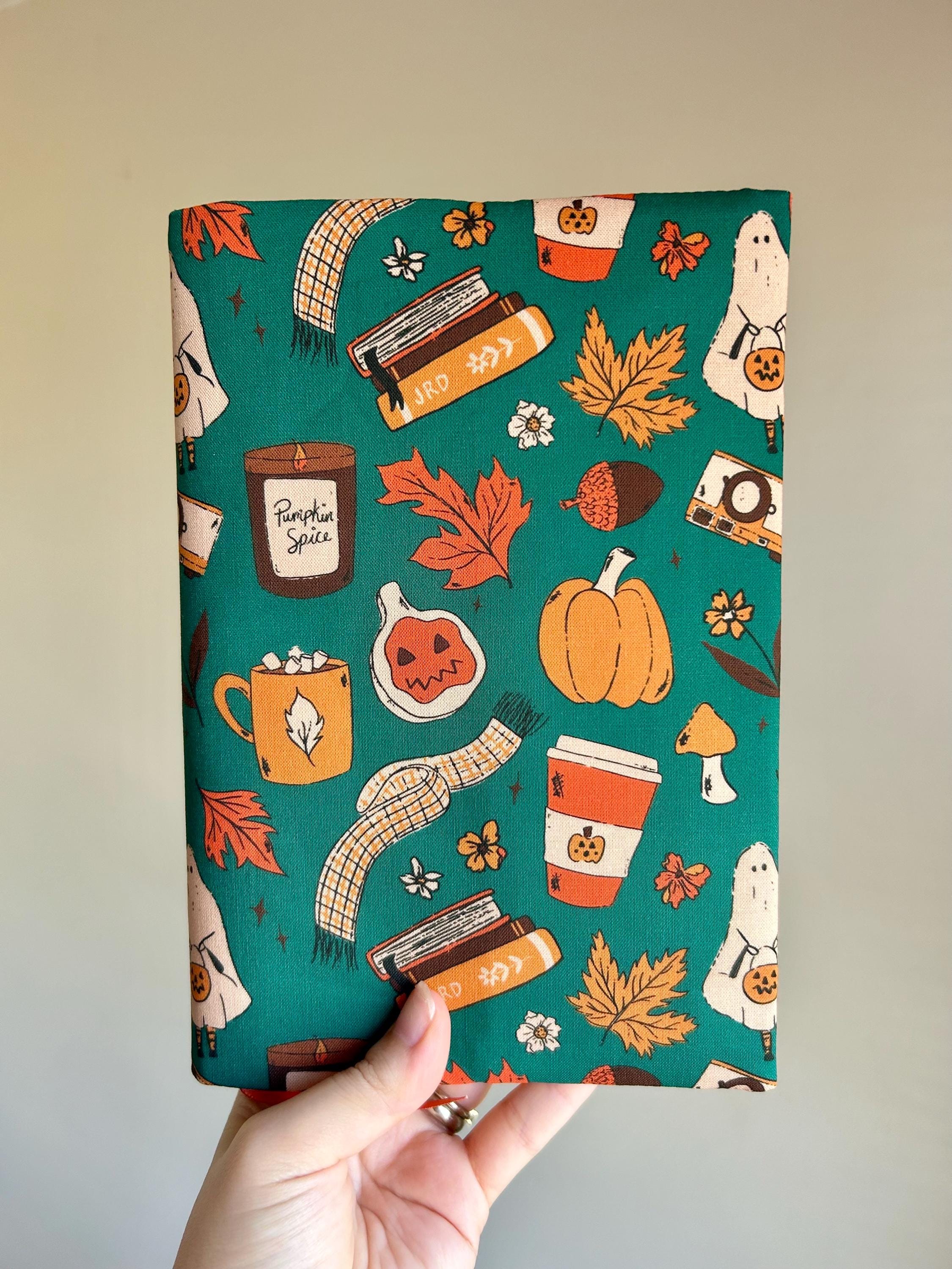BUNDLE Pumpkin Spice Ghost Reversible Adjustable Fabric Book Cover/Bible Cover w/ Bookmark and Annotation Kit