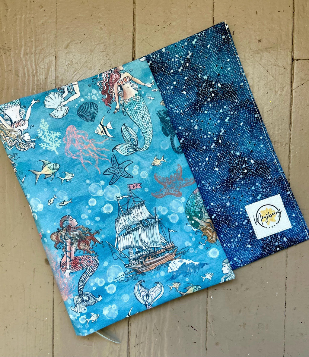 Blue Mermaid Scales Reversible Adjustable Fabric Book Cover/Bible Cover