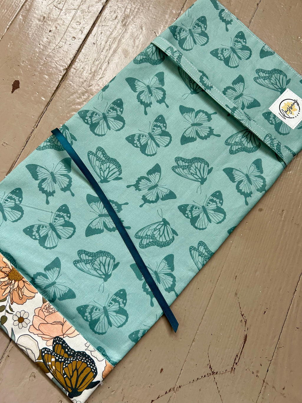 BOOKISH BUNDLE Butterflies and Teal Reversible Adjustable Fabric Book Cover/Bible Cover w/ Bookmark and Annotation Kit