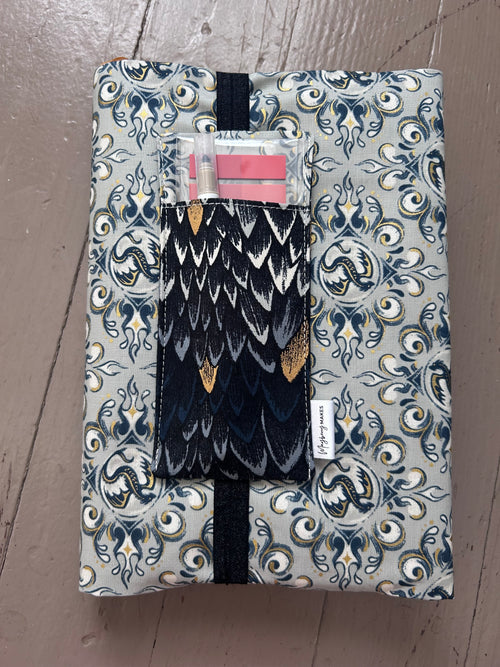 Black and Gold Dragon Scales Fabric Book Cover–Reversible and Adjustable