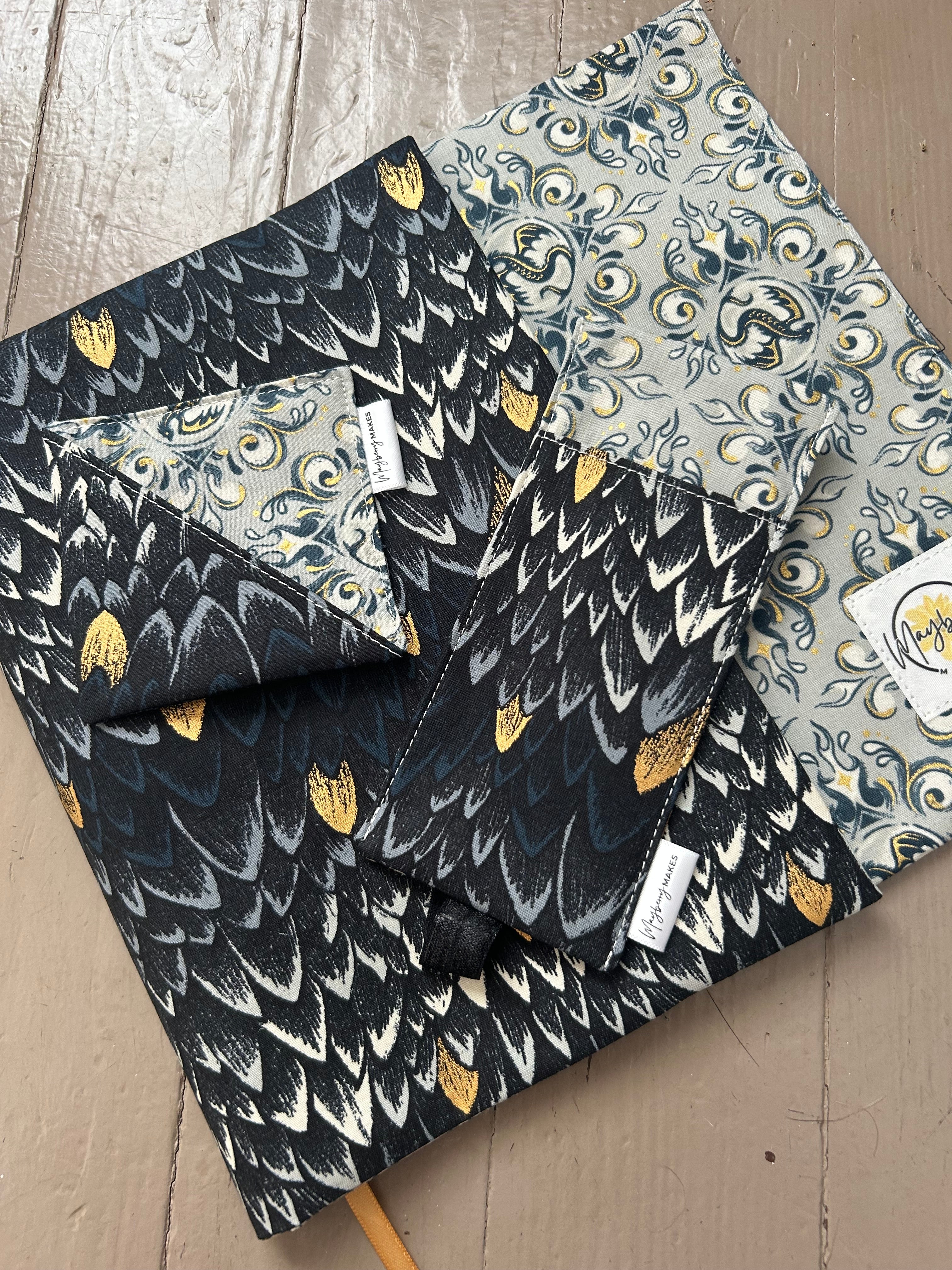 Black and Gold Dragon Scales Fabric Book Cover–Reversible and Adjustable