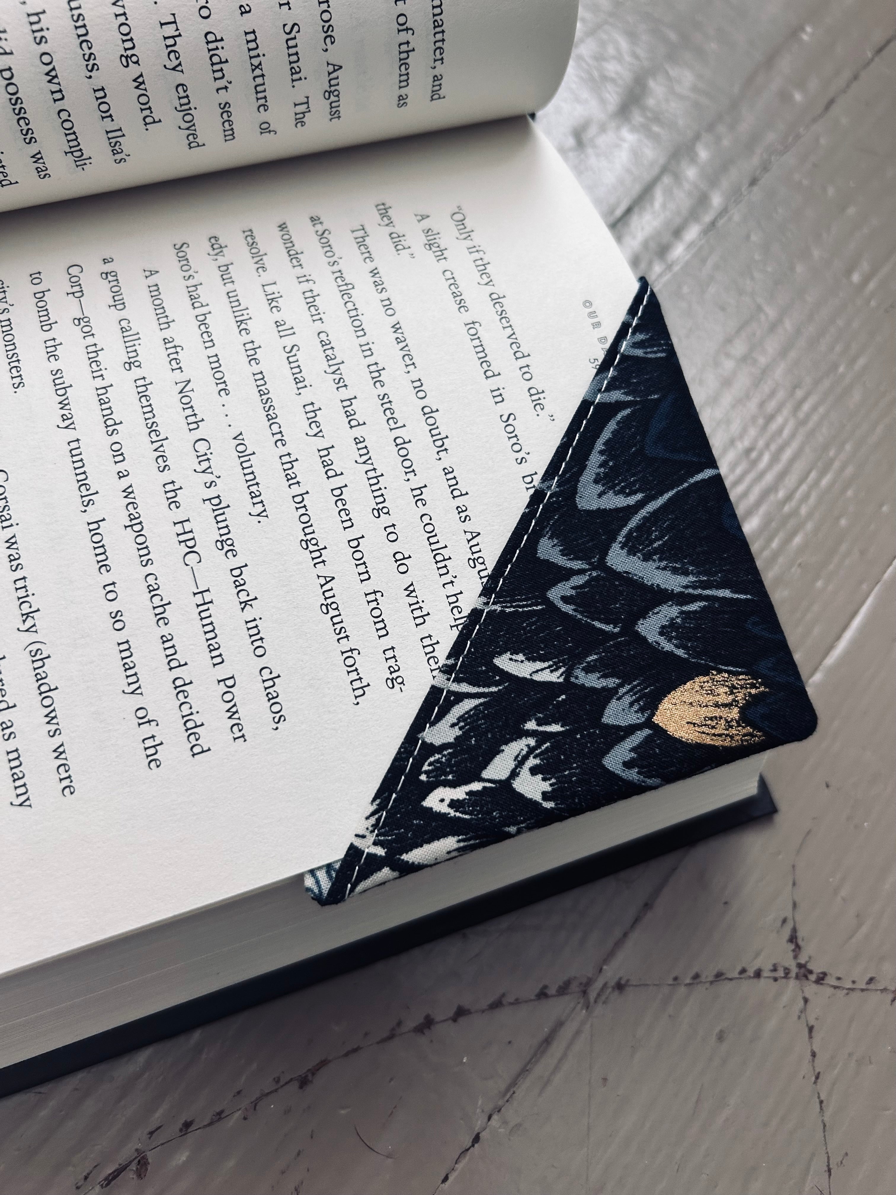 Black and Gold Dragon Scales Fabric Corner Bookmark — Handmade Bookish Accessory