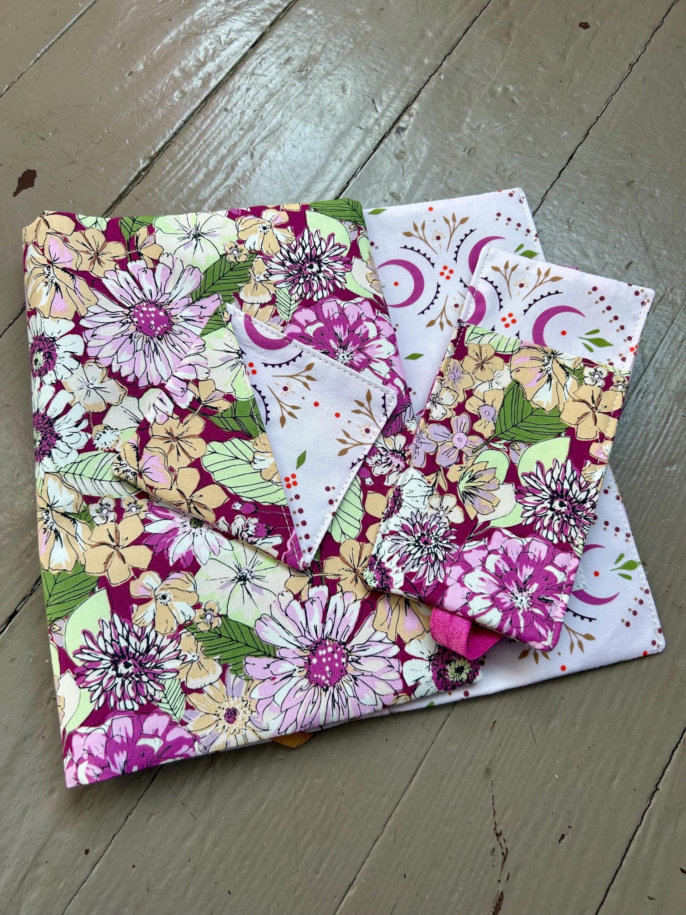 Purple and Yellow Floral Moon Reversible Adjustable Fabric Book Cover/Bible Cover