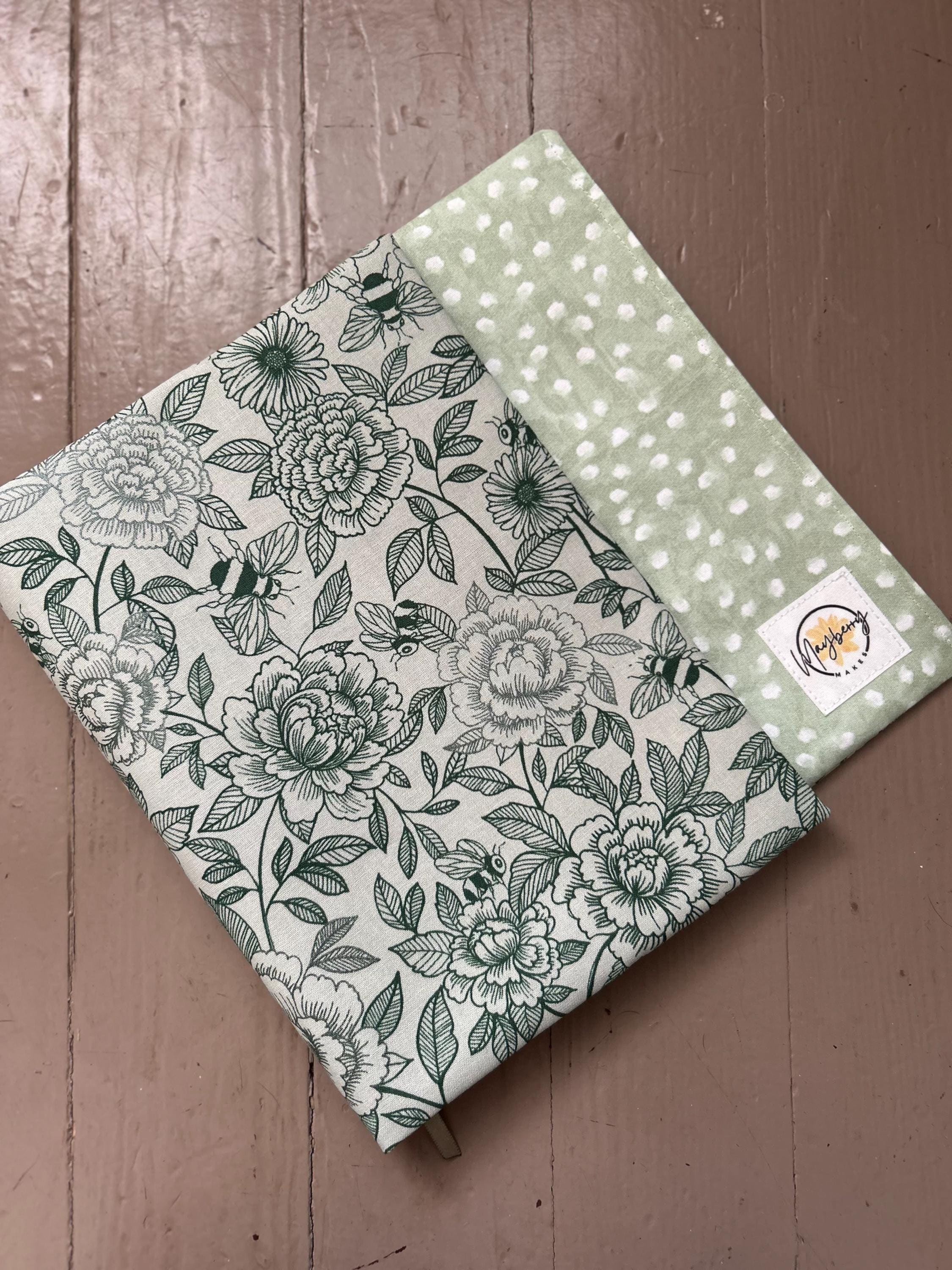 BOOKISH BUNDLE Green Bee and Dots Reversible Adjustable Fabric Book Cover/Bible Cover w/ Bookmark and Annotation Kit