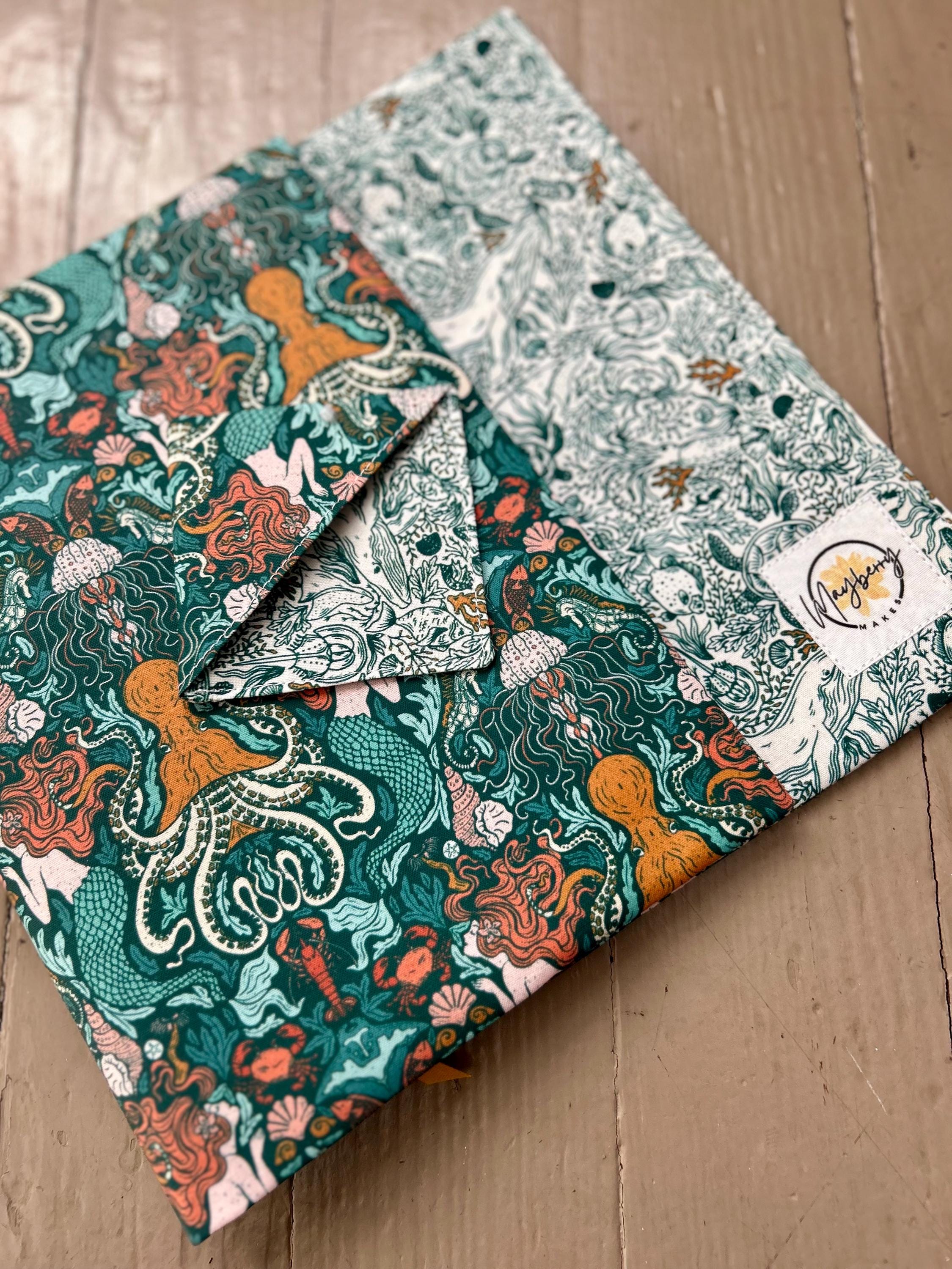 BUNDLE Mermaids and Whales Reversible Adjustable Fabric Book Cover/Bible Cover w/ Bookmark and Annotation Kit