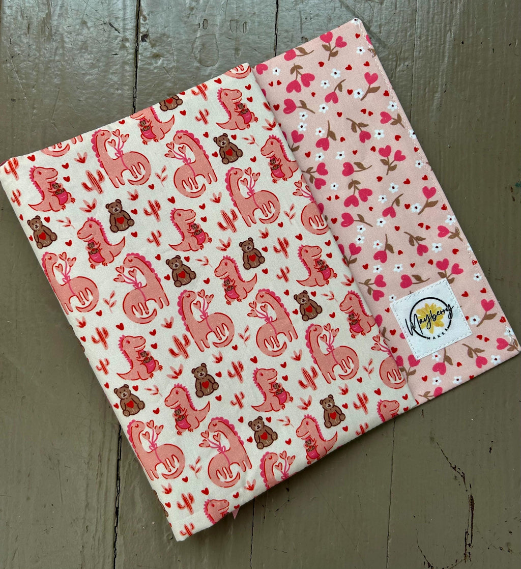 BOOKISH BUNDLE Dinos and Teddy Bears Reversible Adjustable Fabric Book Cover/Bible Cover w/ Bookmark and Annotation Kit