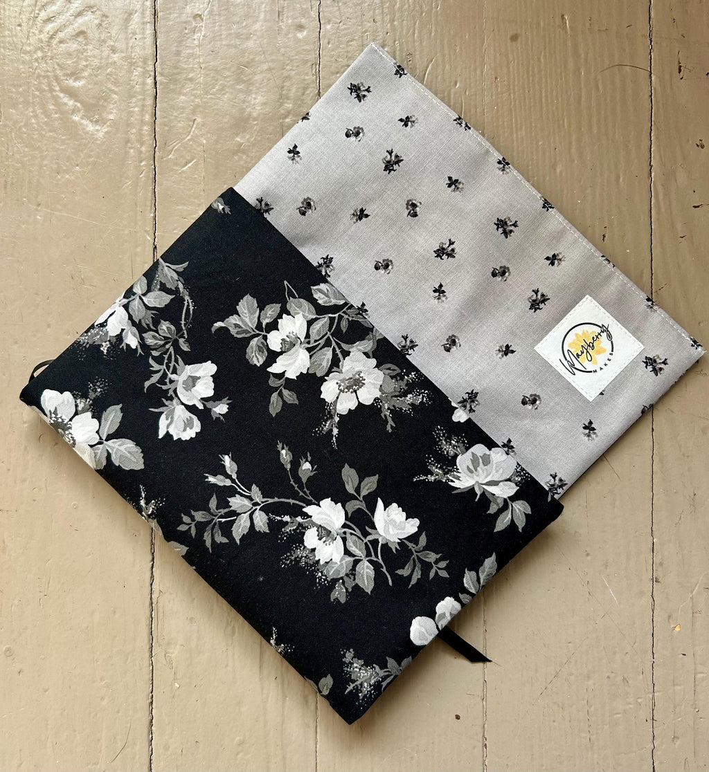 BOOKISH BUNDLE Elegant Black Floral Reversible Adjustable Fabric Book Cover/Bible Cover w/ Bookmark and Annotation Kit