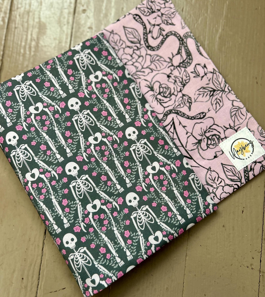BUNDLE- Gray Skeleton and Roses Reversible Adjustable Fabric Book Cover/Bible Cover w/ Bookmark and Annotation Kit
