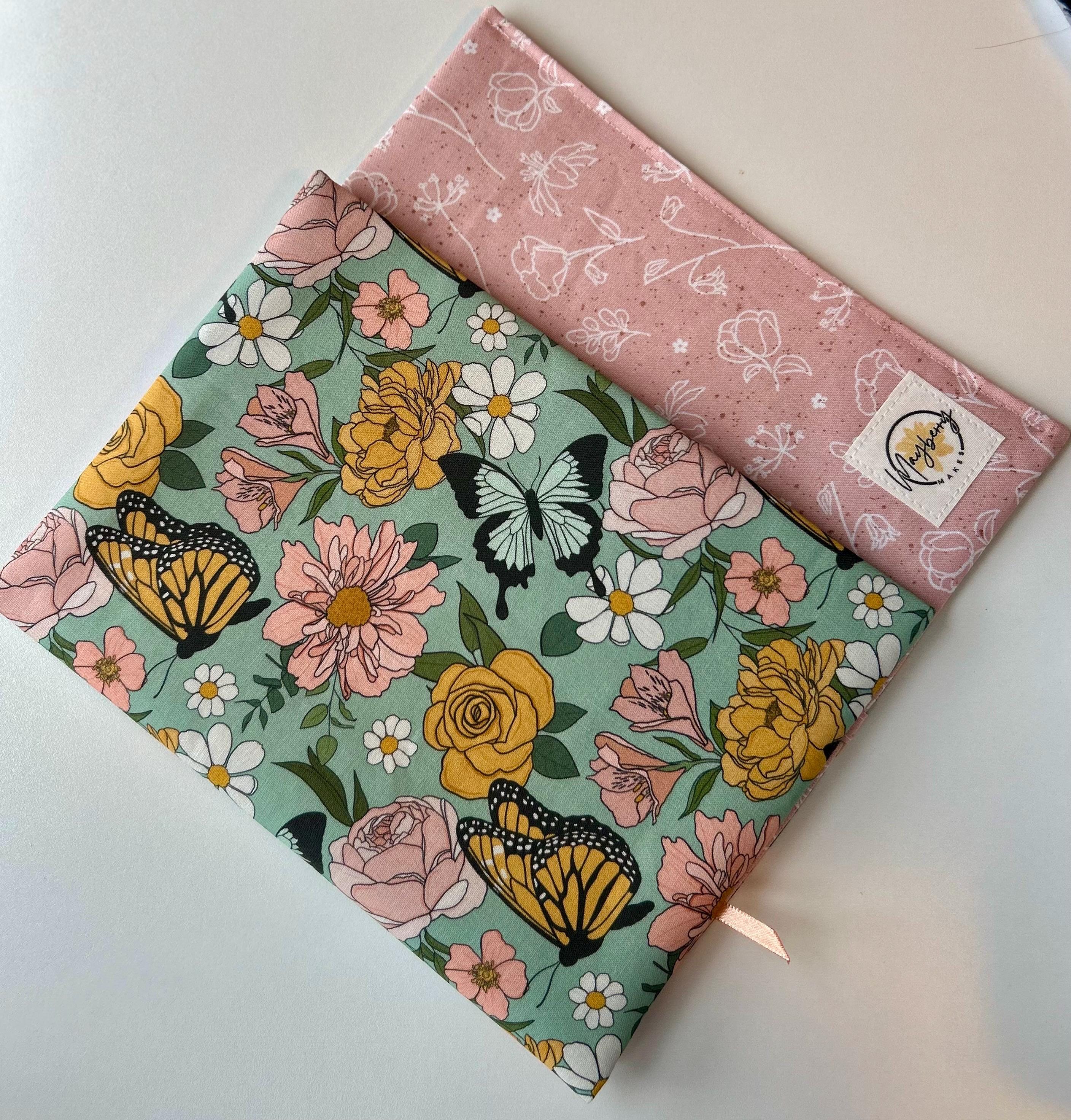 Sage and Pink Butterflies Reversible Adjustable Fabric Book Cover/Bible Cover