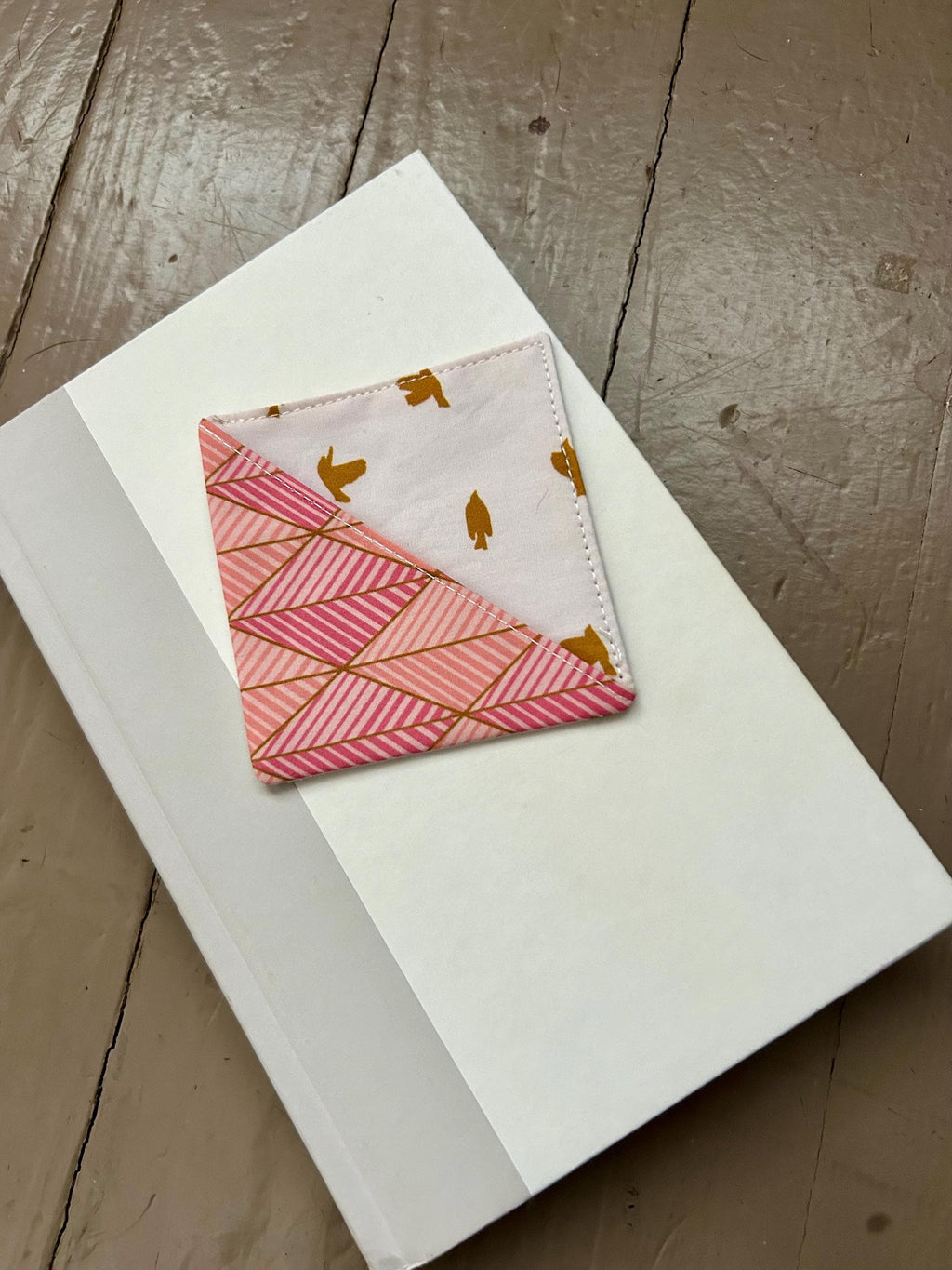 Golden Birds and Pink Geometric Fabric Corner Bookmark — Handmade Bookish Accessory