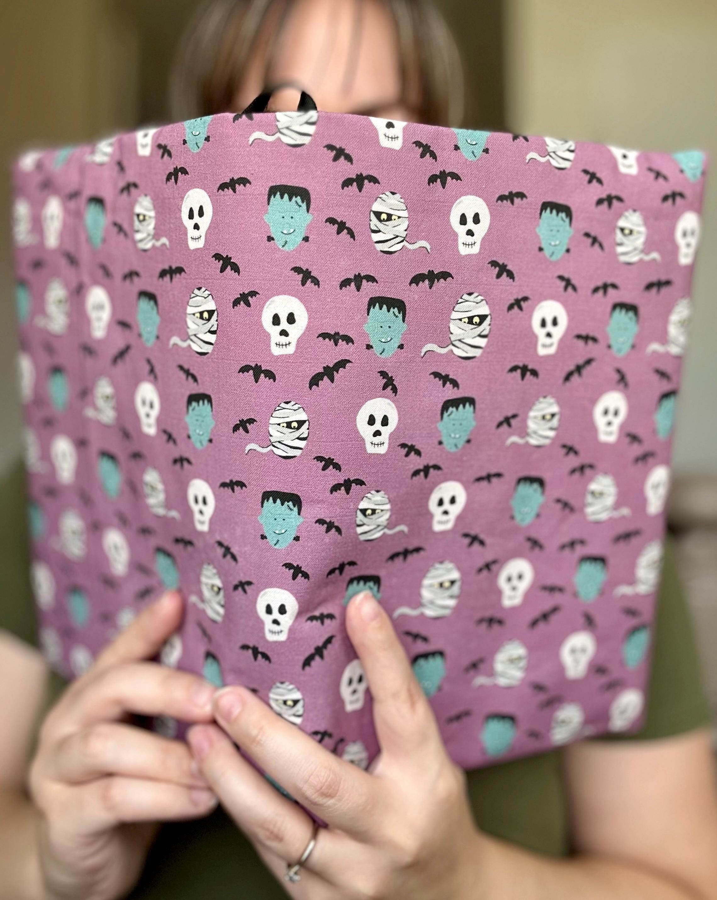 Monster Party fabric book cover reversed, showing coordinating inside print