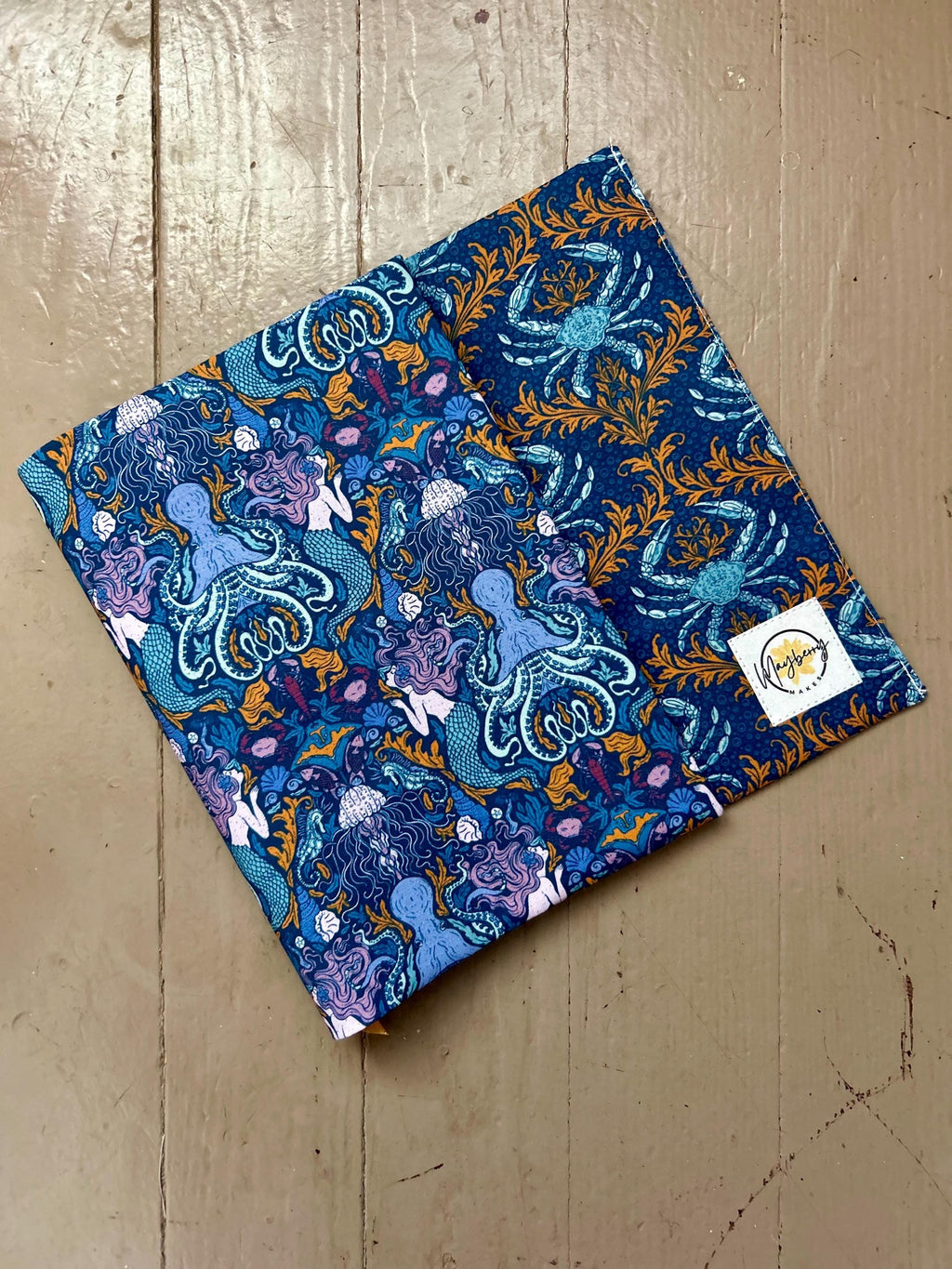 BUNDLE Mermaids and Crabs Reversible Adjustable Fabric Book Cover/Bible Cover w/ Bookmark and Annotation Kit