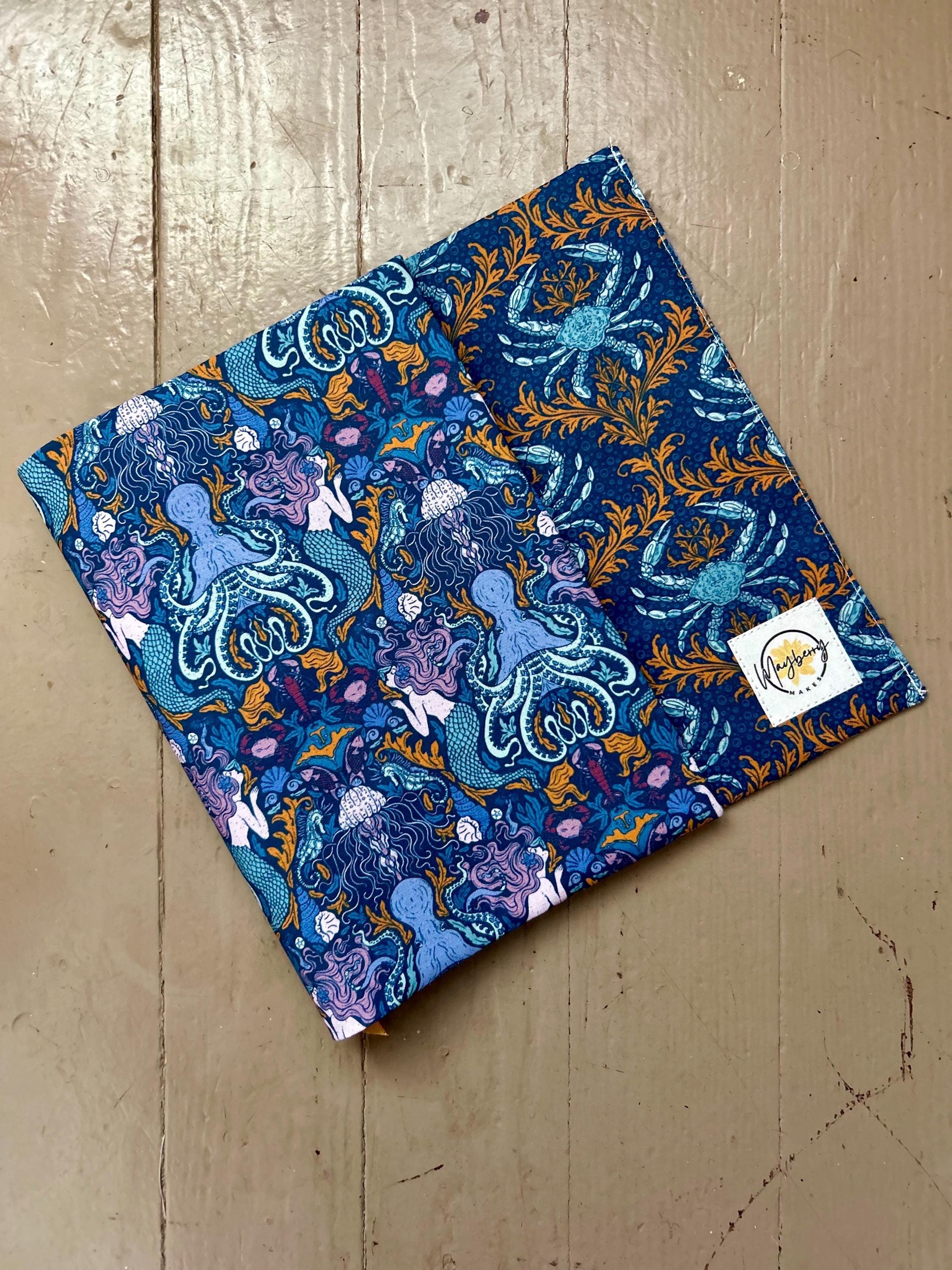 BUNDLE Mermaids and Crabs Reversible Adjustable Fabric Book Cover/Bible Cover w/ Bookmark and Annotation Kit